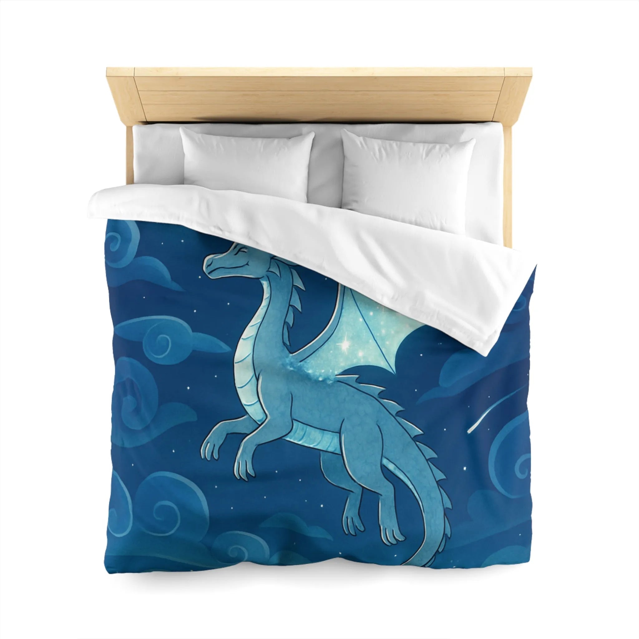 Housse de couette avec dragon bleu étincelant volant sous lune et étoiles scintillantes
