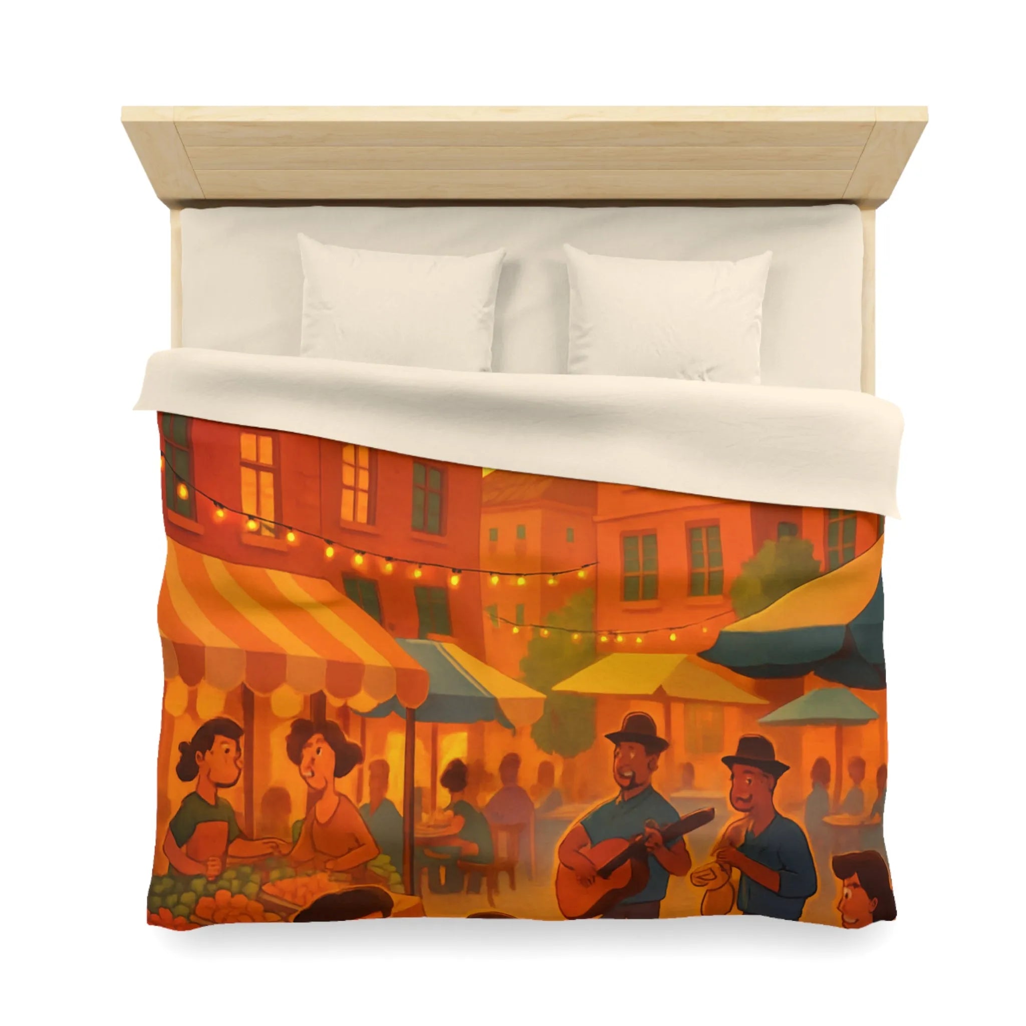 Housse de couette avec illustration de marché animé au coucher de soleil vibrant