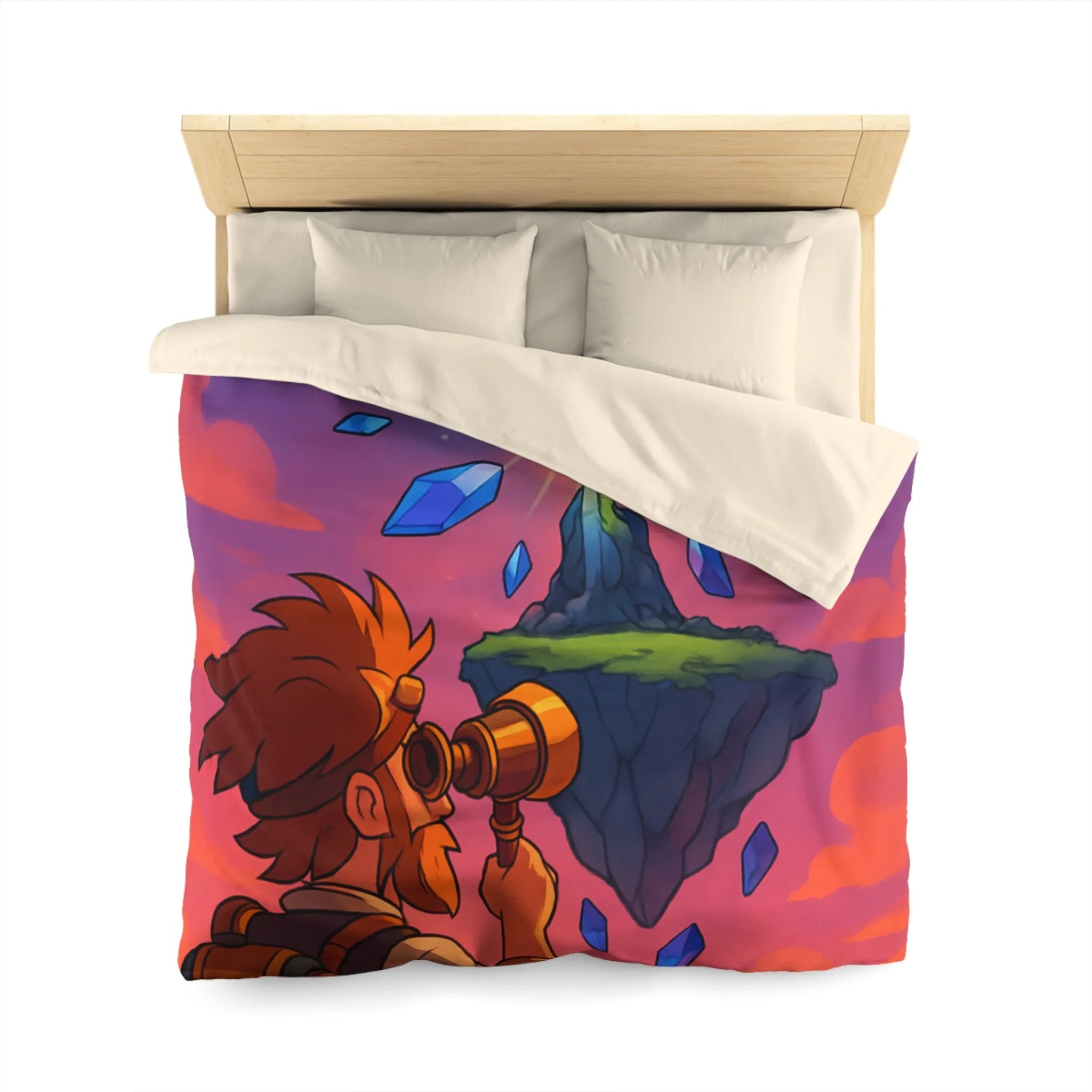 Housse de couette aventure fantastique avec cristaux flottants et scientifique explorateur