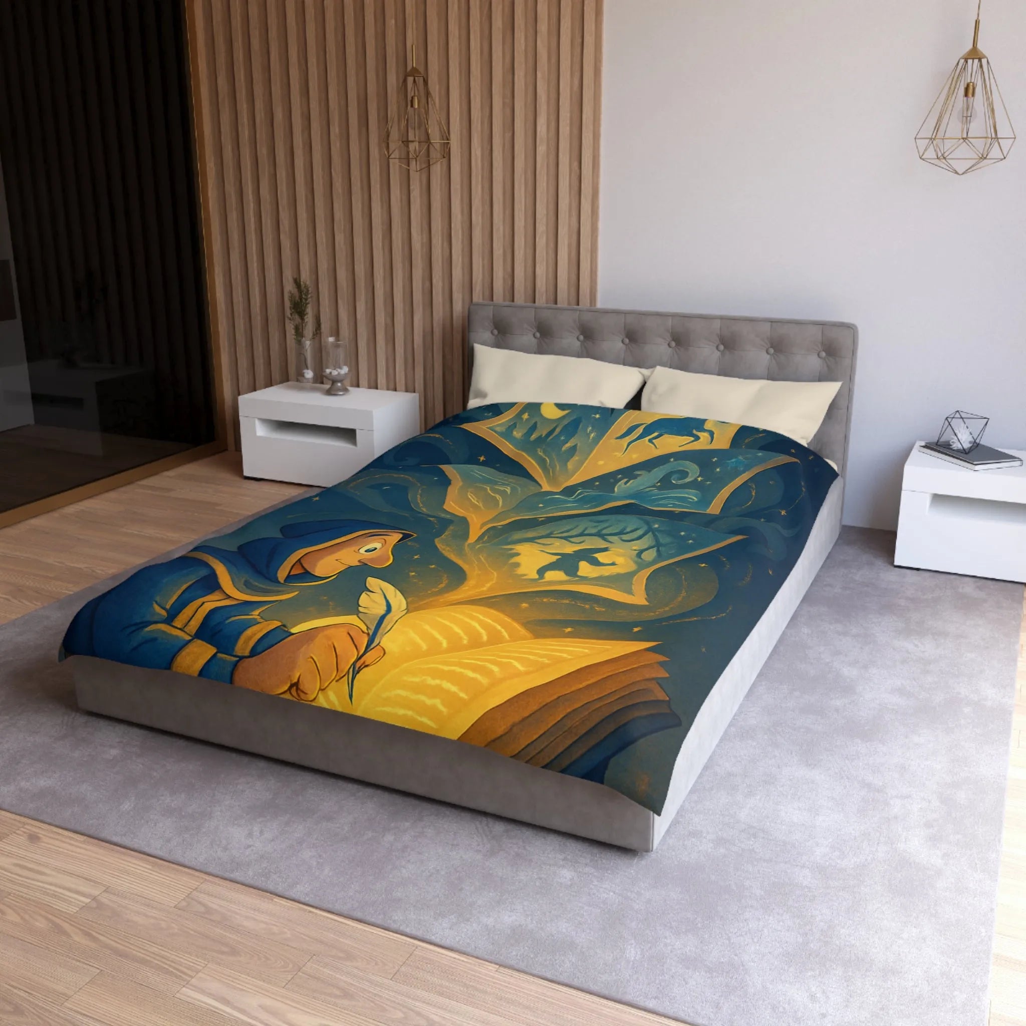 Housse de couette magique avec scène de conte illustrée et motifs féeriques scintillants