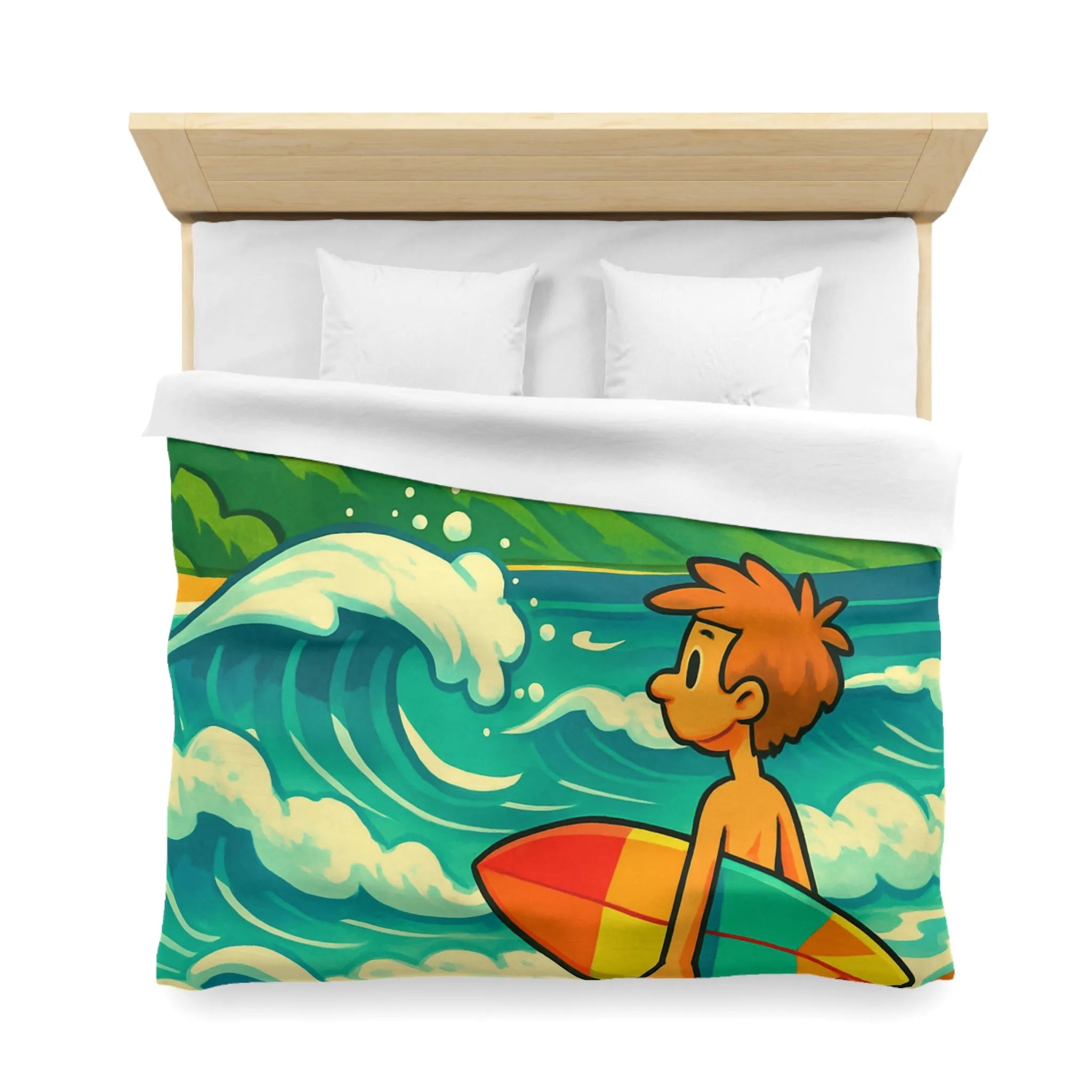Housse de couette avec dessin coloré de plage pour enfants et surfeur