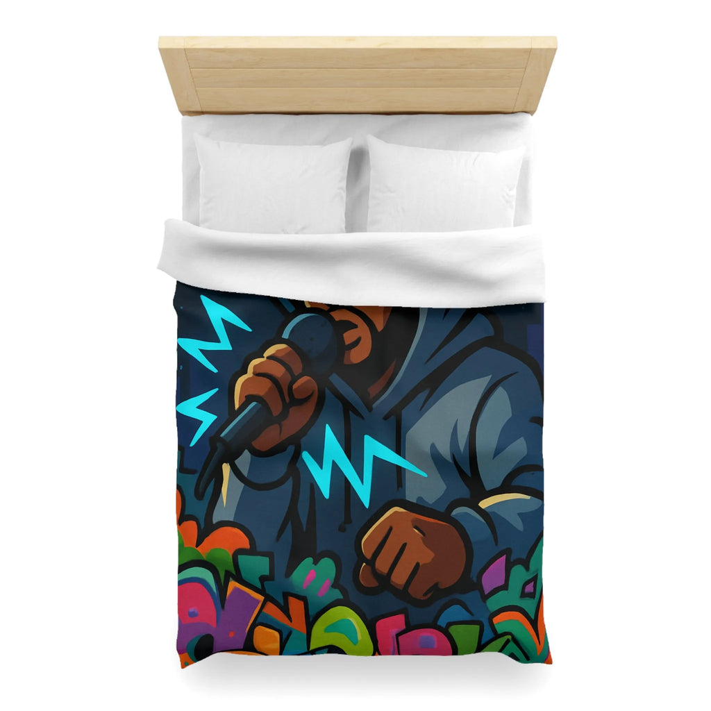 Housse de couette avec artiste hip-hop en hoodie et graffitis colorés de rue