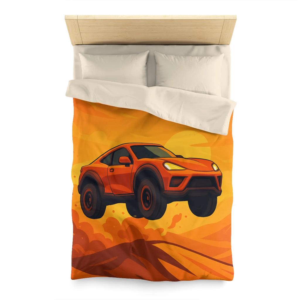 Housse de couette design voiture saut désert couleur orange coucher de soleil