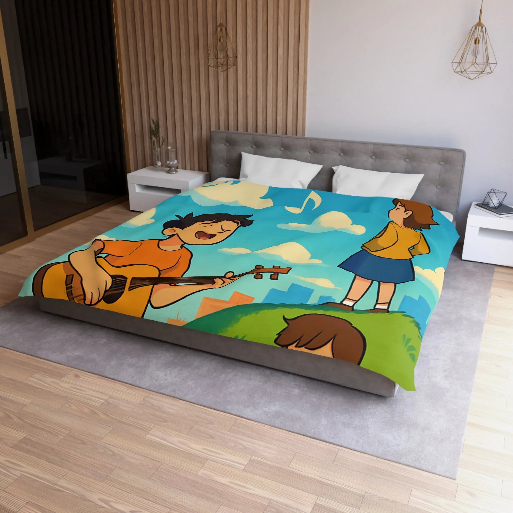 Housse de couette avec personnages chantant et lisant sur colline ensoleillée