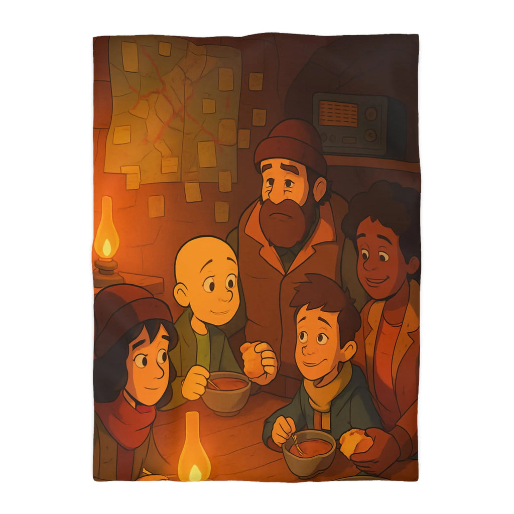 Housse de couette chaleureuse avec illustration d'un repas en famille dans un refuge