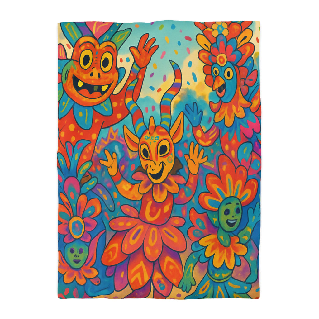 Housse de Couette Multicolore avec Motifs de Carnaval et Masques Fantaisistes Féeriques