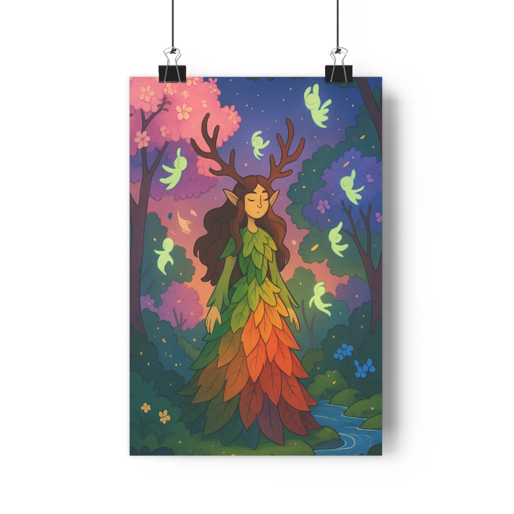 Poster décoratif mystérieux art nature vert rouge mystique salon chambre apaisant forêt nature boisée