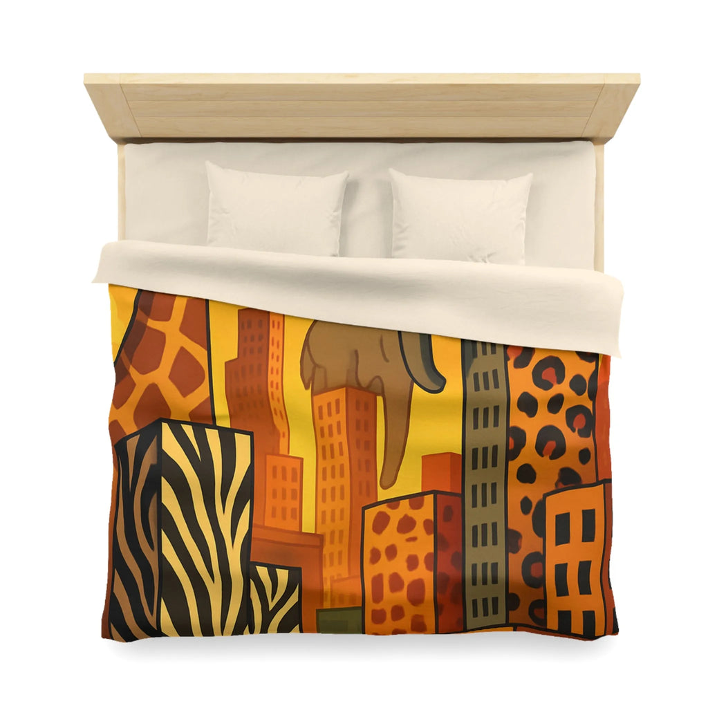Housse de couette jungle urbaine : gratte-ciel animaux dans tons chauds, motif sauvage