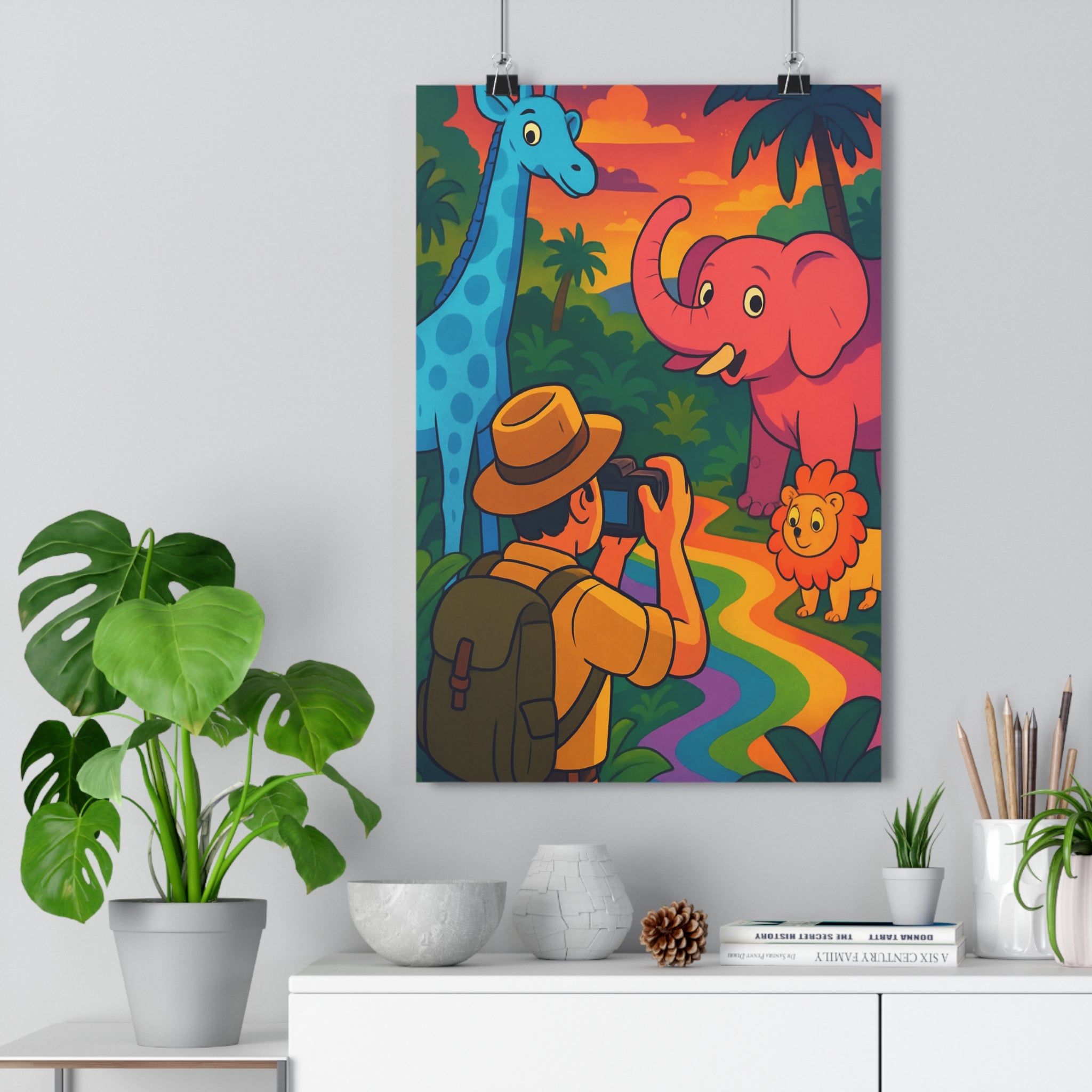 Poster décoratif safari cartoon coloré exotique joyeux enfant girafe éléphant lion jungle vibrant qualité