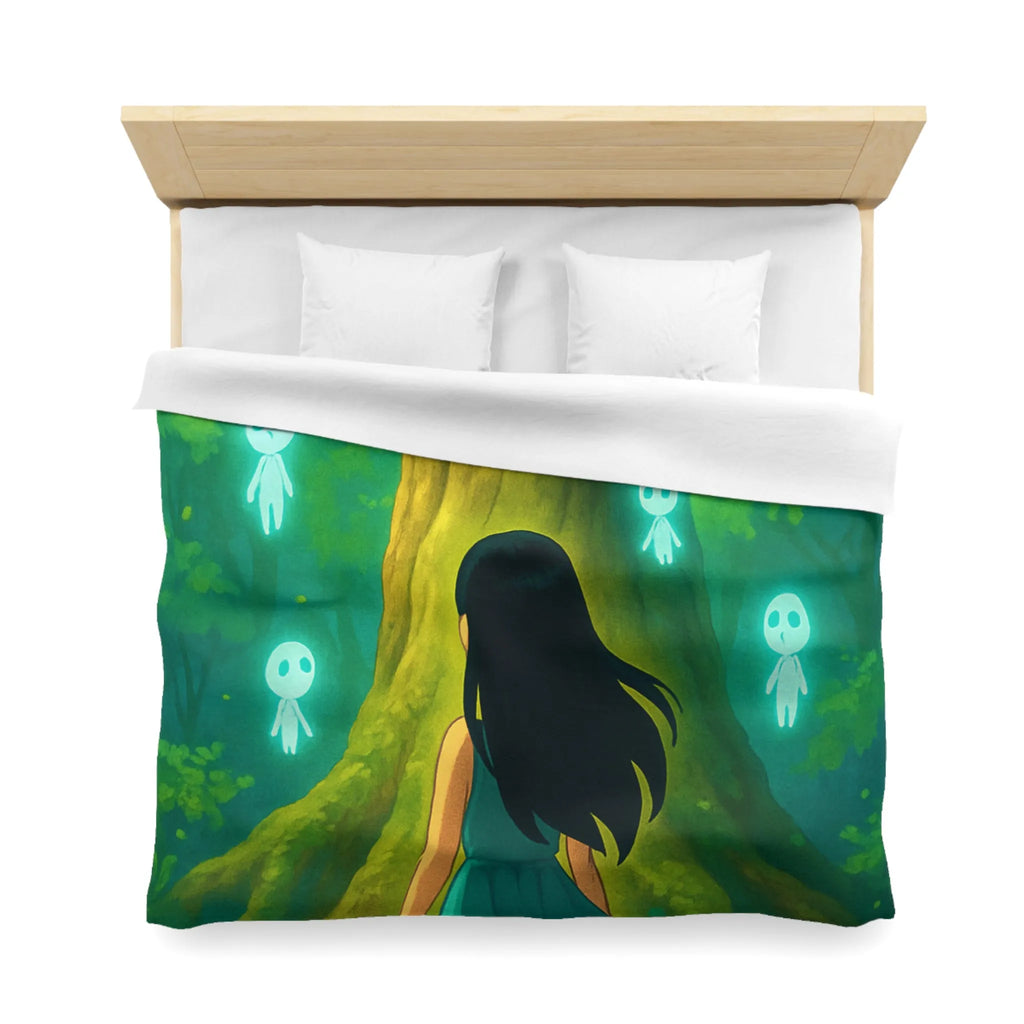 Housse de couette forêt mystique avec fille et esprits lumineux style onirique enchanteur