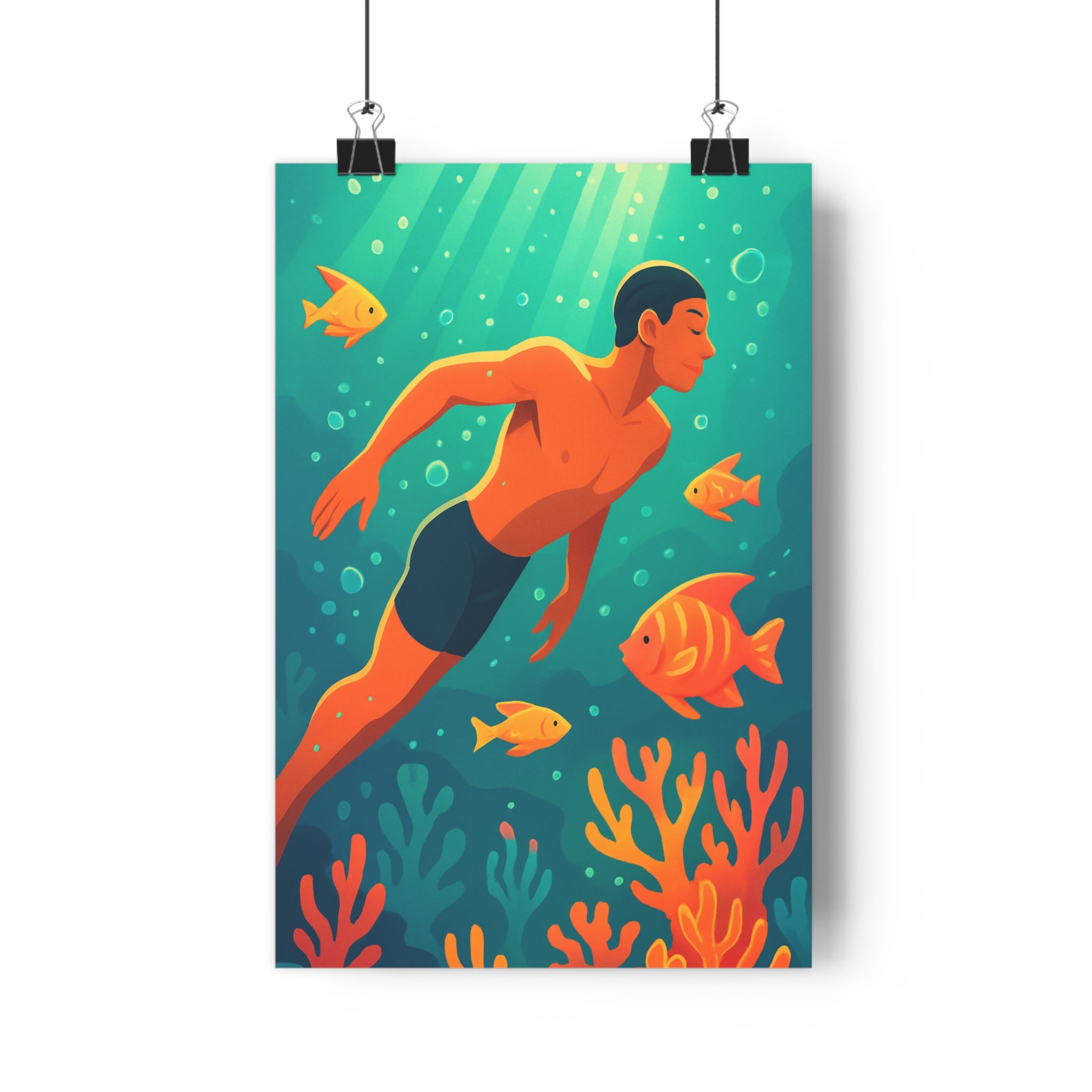 Poster décoratif anime aquatique turquoise bleu mystique féerique salon chambre bureau nageur poissons qualité