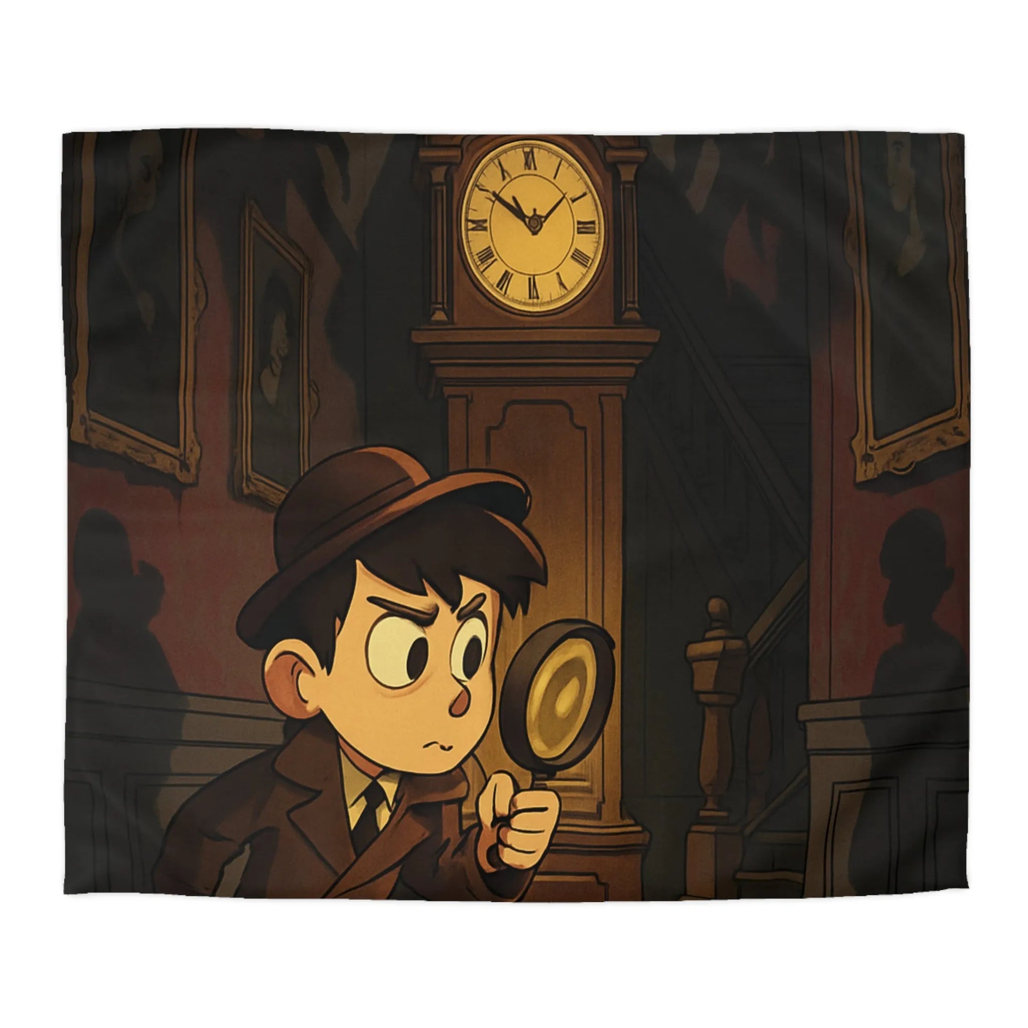 Housse de couette détective vintage avec horloge et silhouettes mystérieuses pour ambiance intrigante