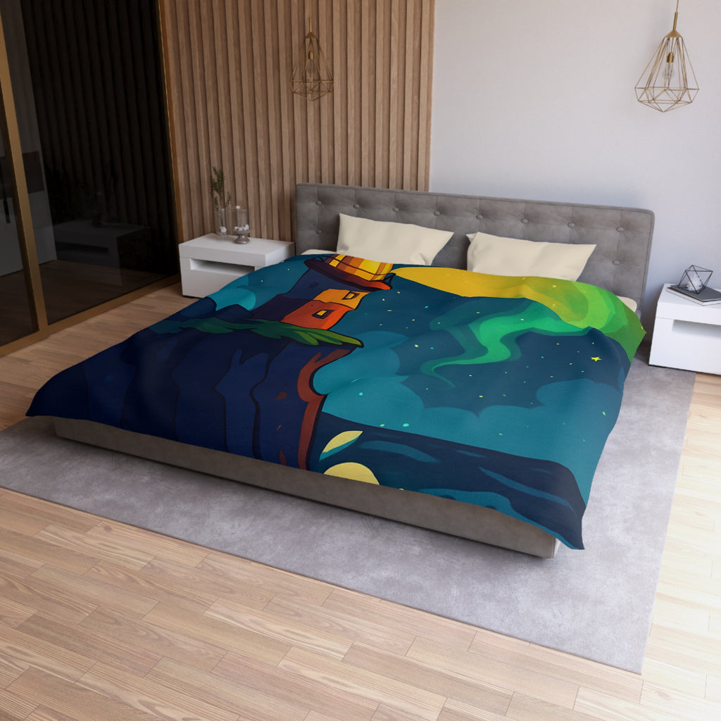 Housse de couette phare rouge illuminant océan étoilé, paysage nocturne inspirant rêve.