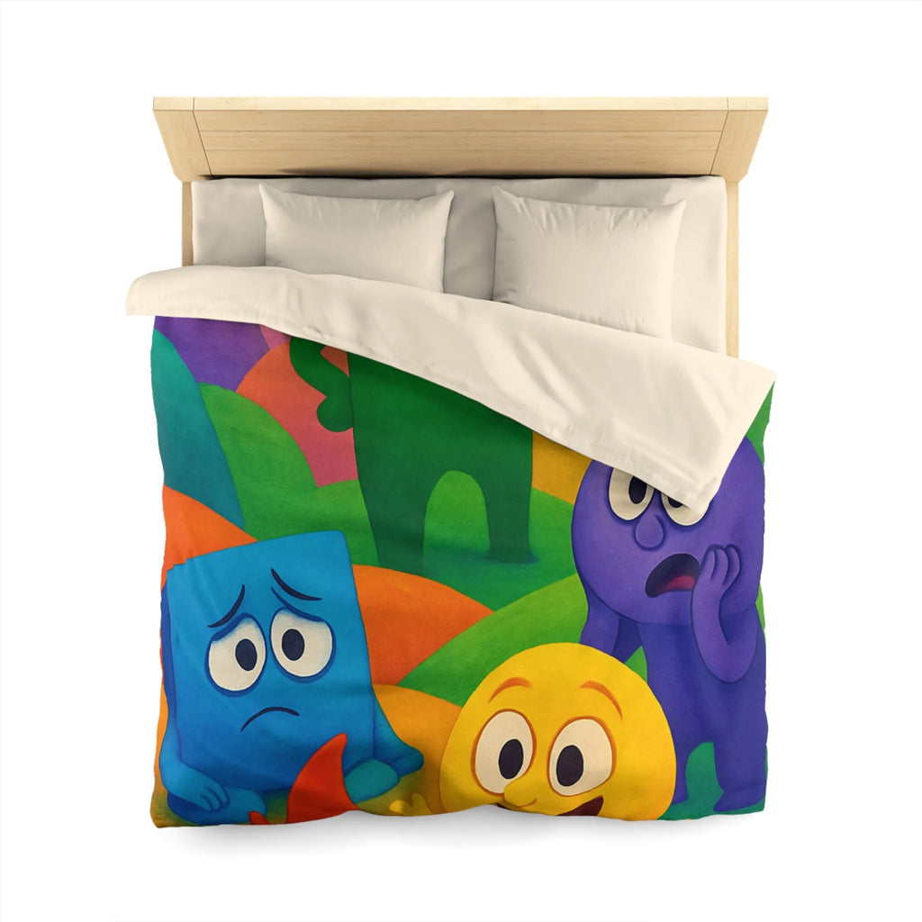 Housse de couette colorée avec personnages expressifs sur fond de collines arc-en-ciel