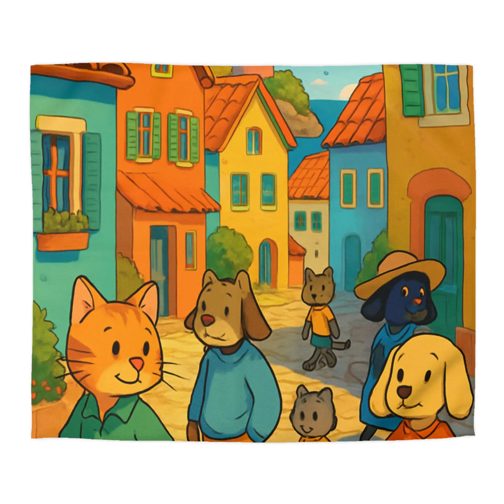 Housse de Couette Colorée avec Animaux Anthropomorphes et Lighthouse sur Rue ensoleillée