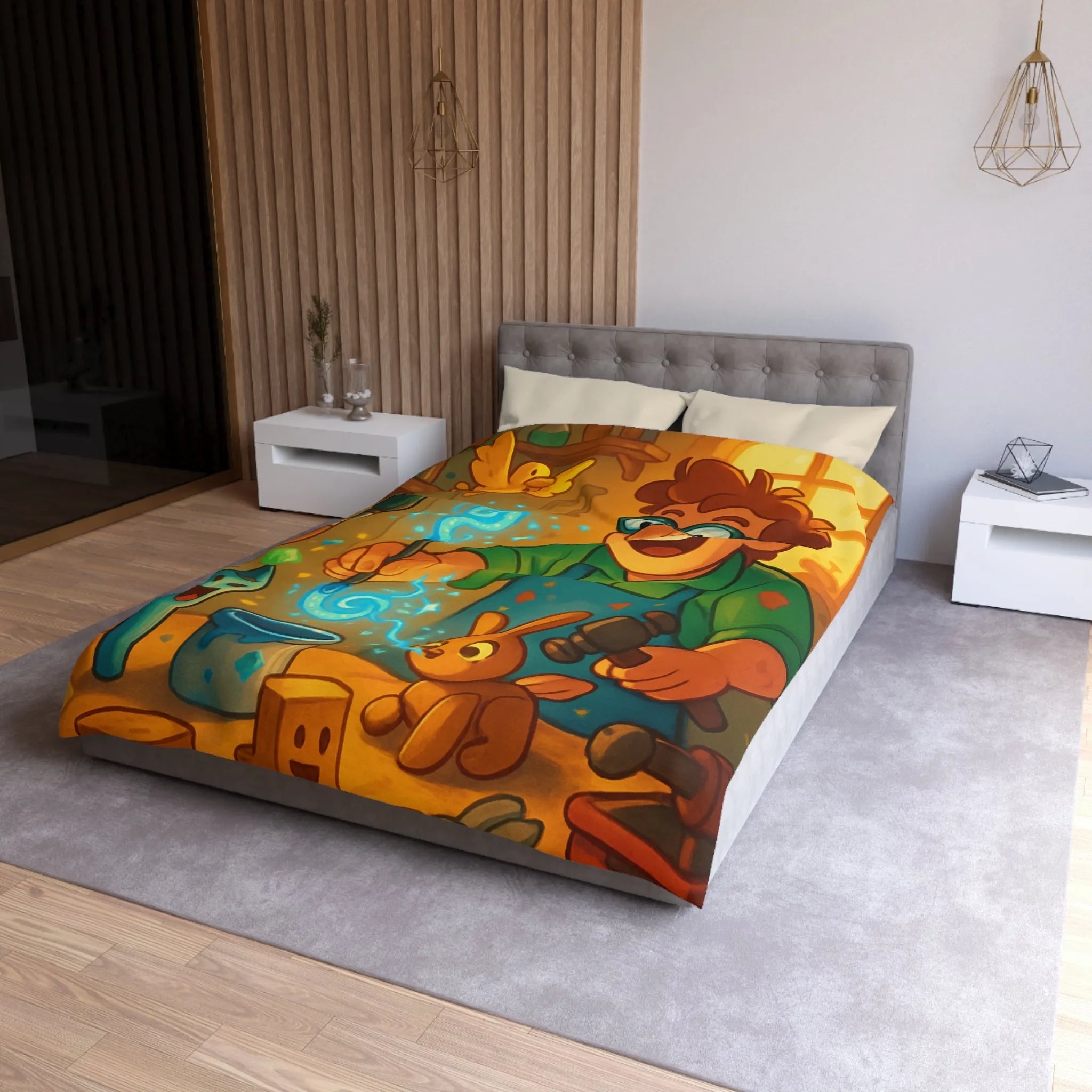 Artisan heureux sculpte figurines magiques dans atelier en bois lumineux et coloré