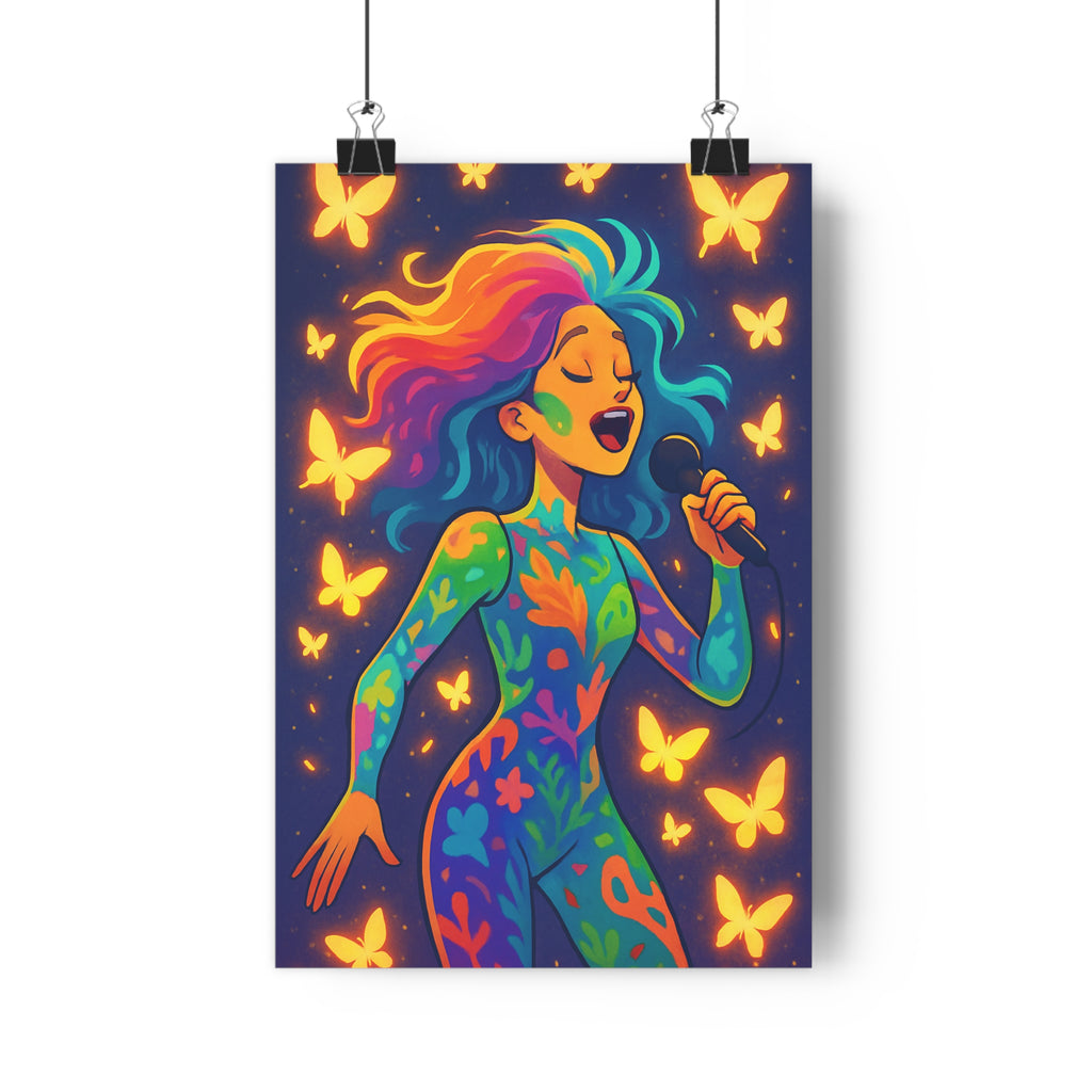 Poster décoratif surréaliste multicolore vibrant magique chambre créatif papillons lumineux chanteuse féminin 30x46 qualité