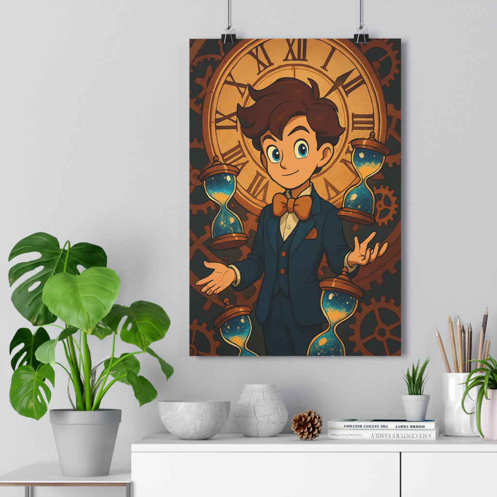Poster décoratif steampunk élégant bleu cuivre bureau mystique horloge rouages magique homme sabliers décoration