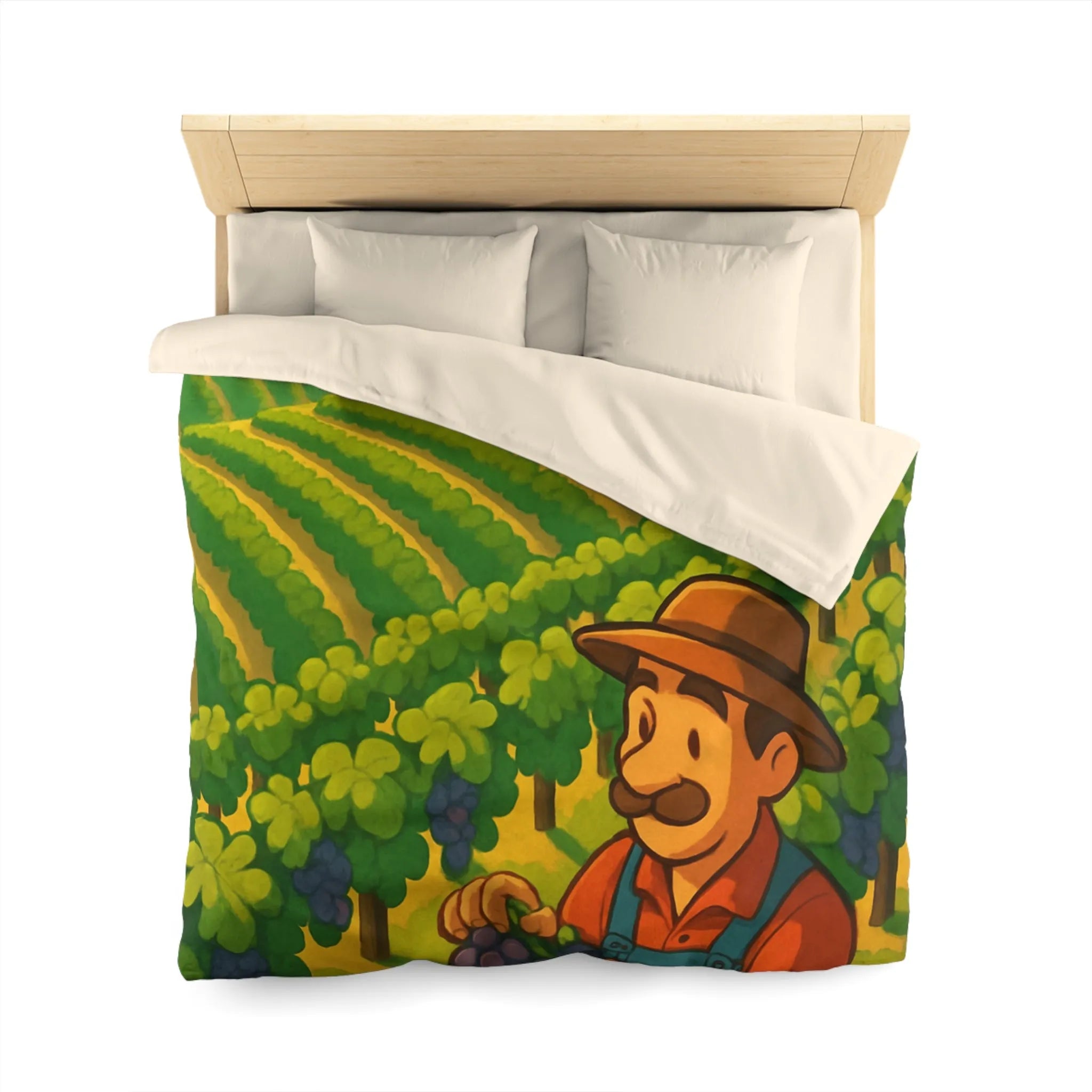 Housse de couette illustration de vendangeur dans un vignoble éclairé par soleil radieux