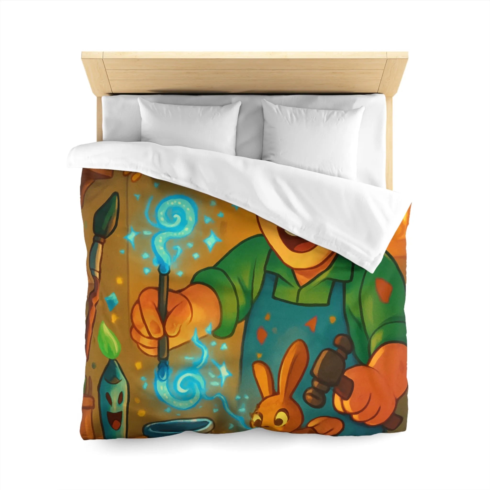 Artisan heureux sculpte figurines magiques dans atelier en bois lumineux et coloré