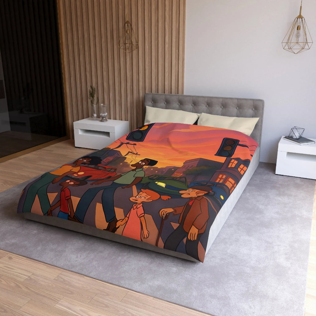 Housse de couette coucher de soleil urbain coloré, personnages divers traversant rue animée