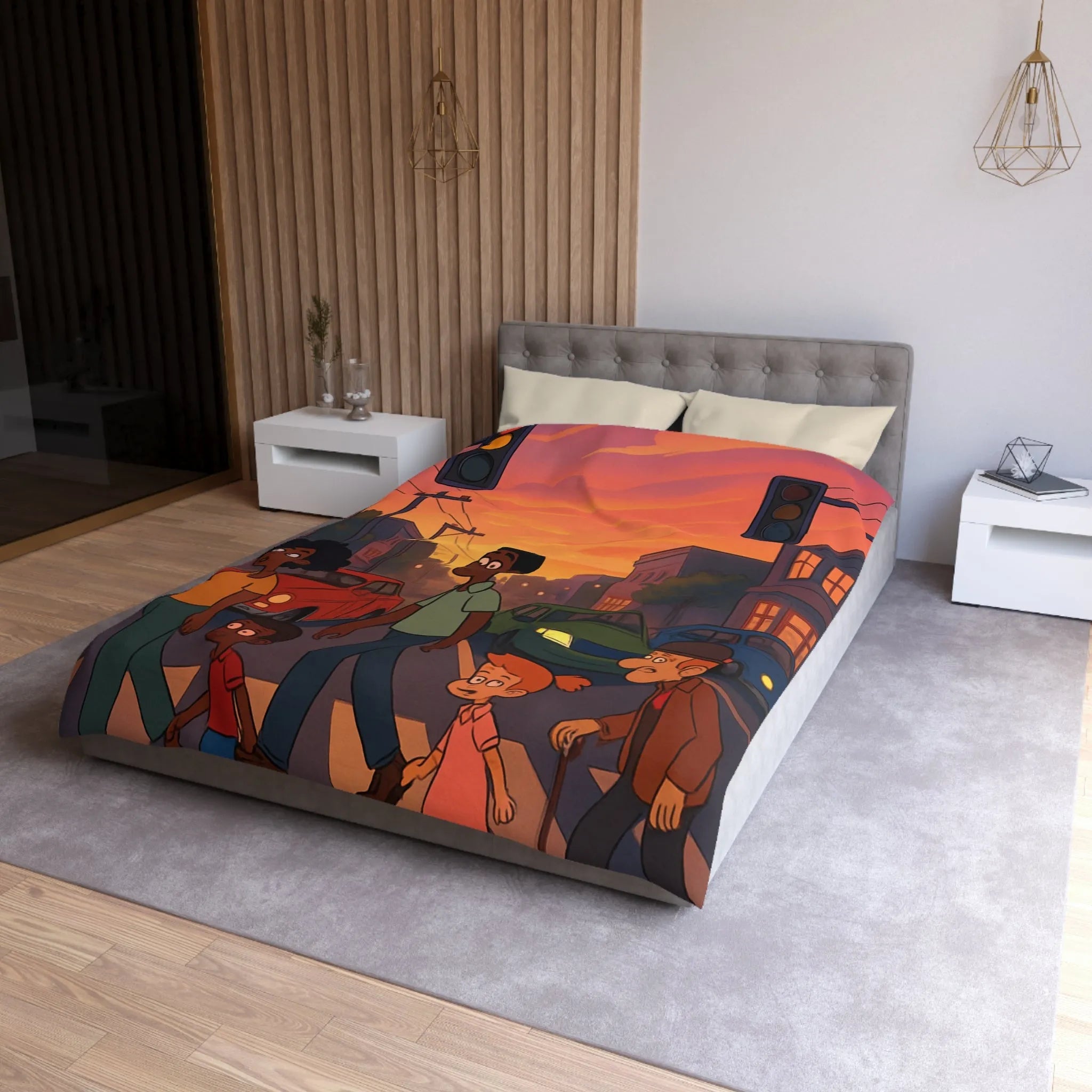 Housse de couette coucher de soleil urbain coloré, personnages divers traversant rue animée