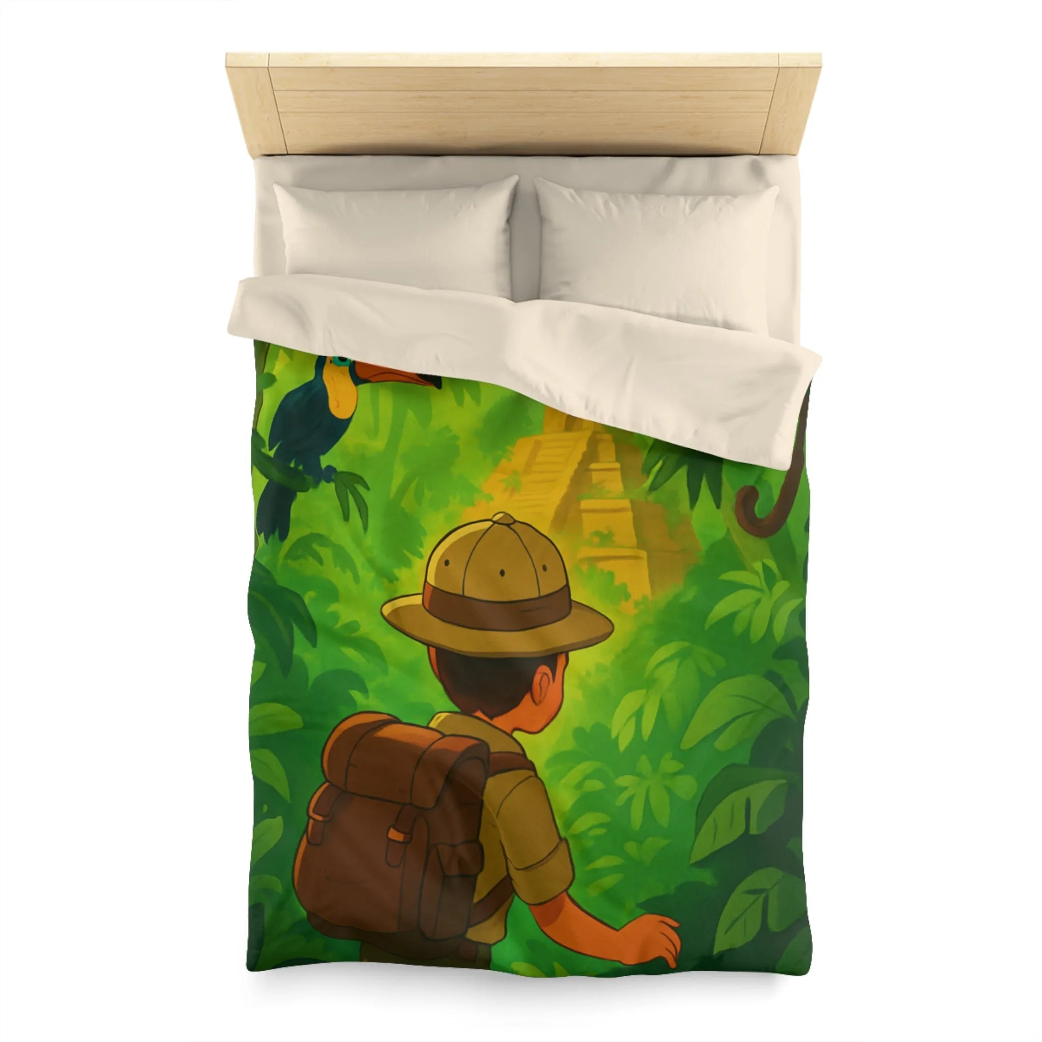 Housse de couette jungle avec aventurier, singe et toucan, ambiance explorateur