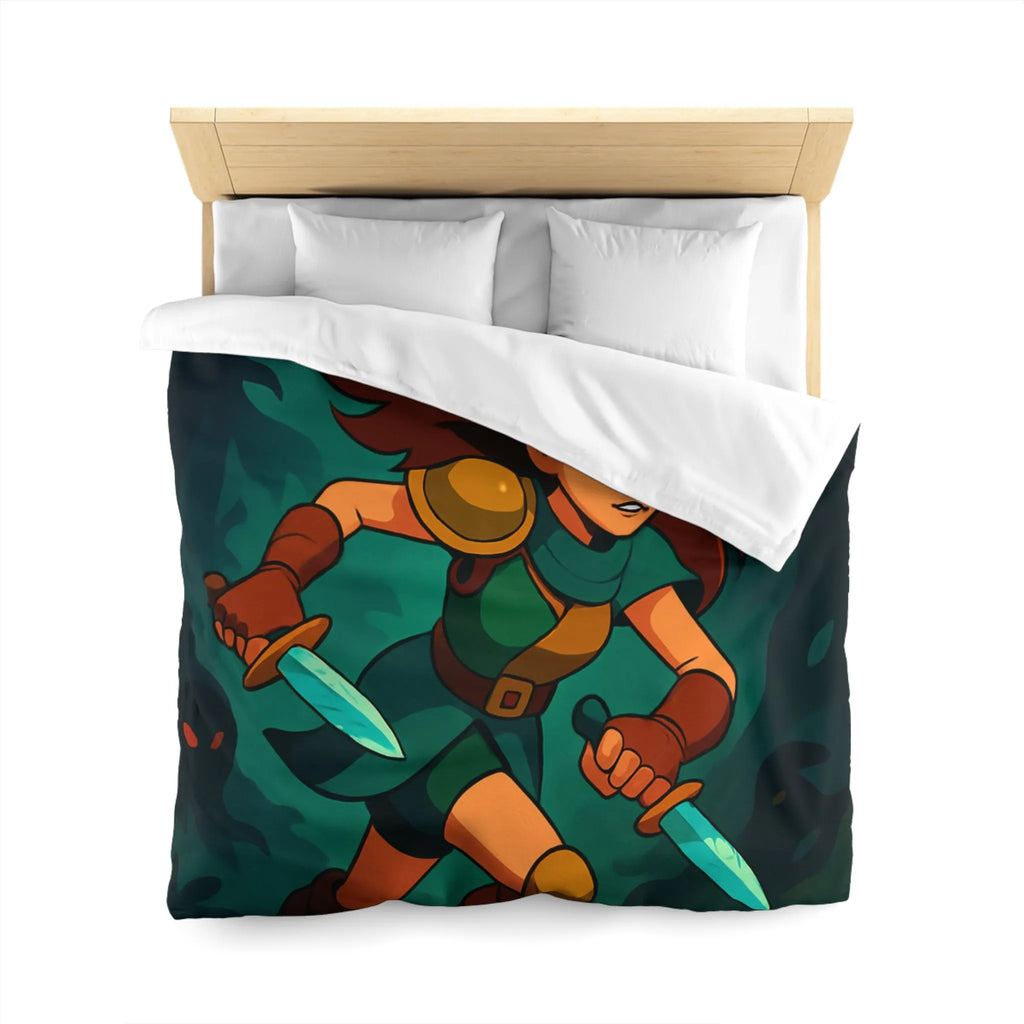 Housse de couette aventure forêt enchantée avec héroïne courageuse et lames scintillantes