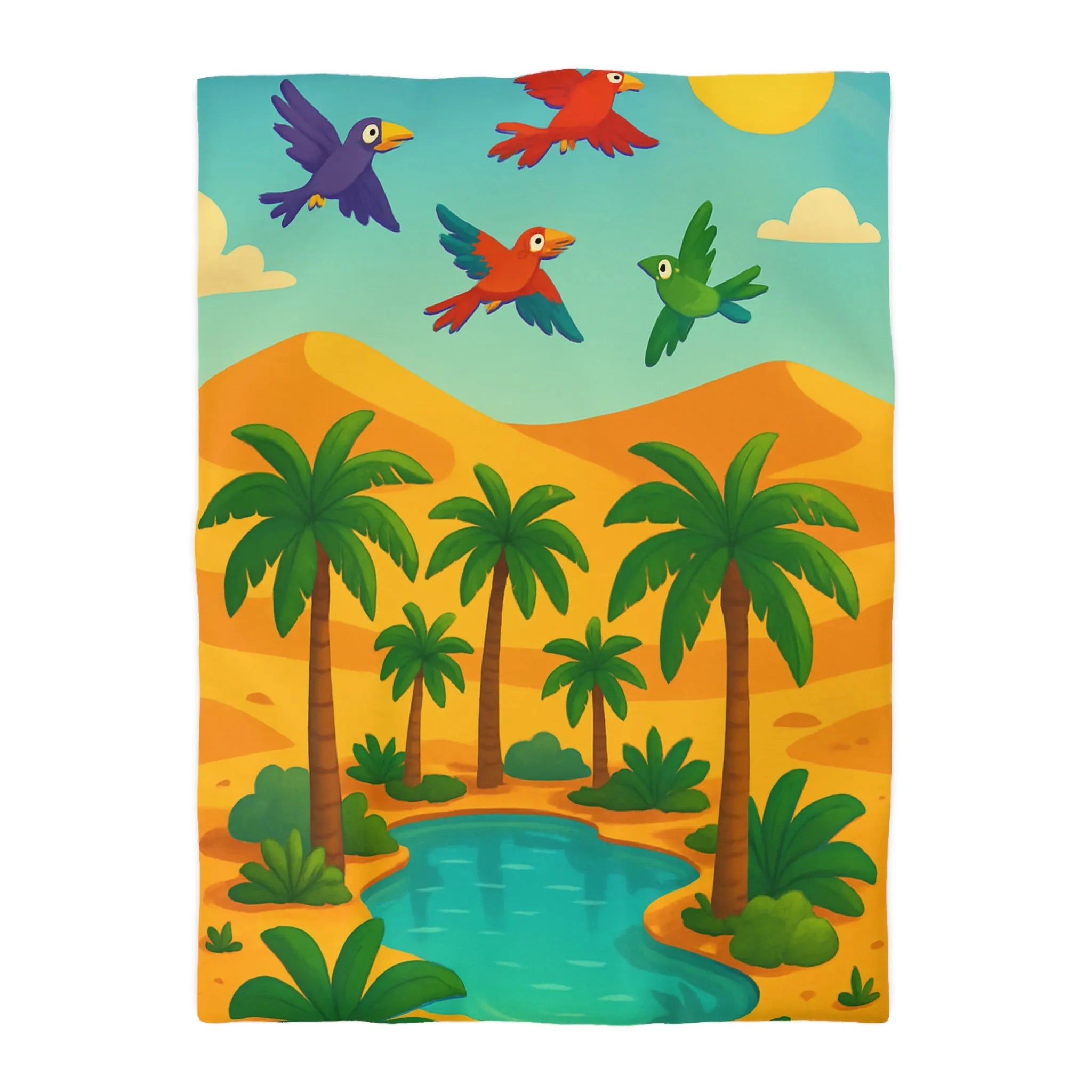 Housse de couette exotique avec palmiers, oiseaux colorés et oasis dans le désert