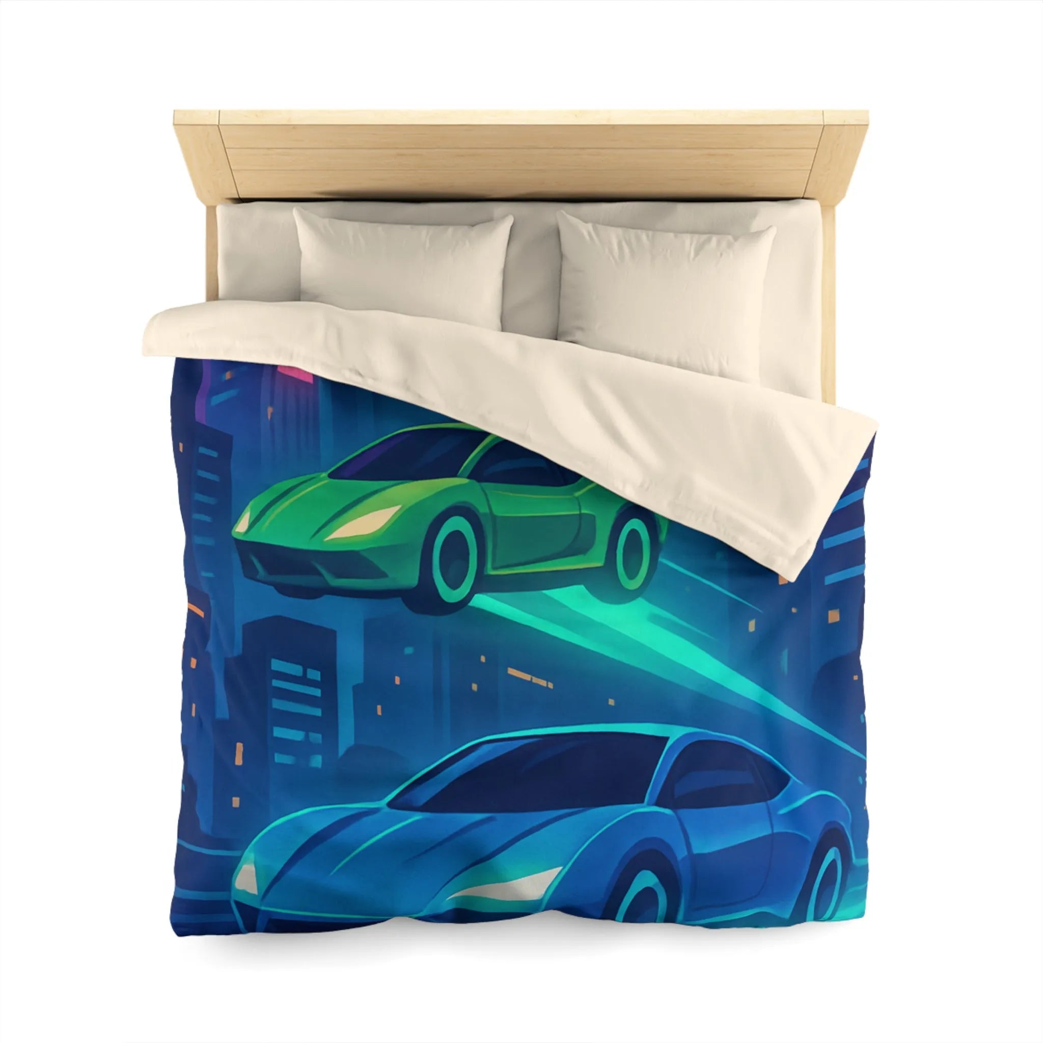 Découvrez des voitures futuristes illuminées flottant dans un ciel urbain nocturne vibrant