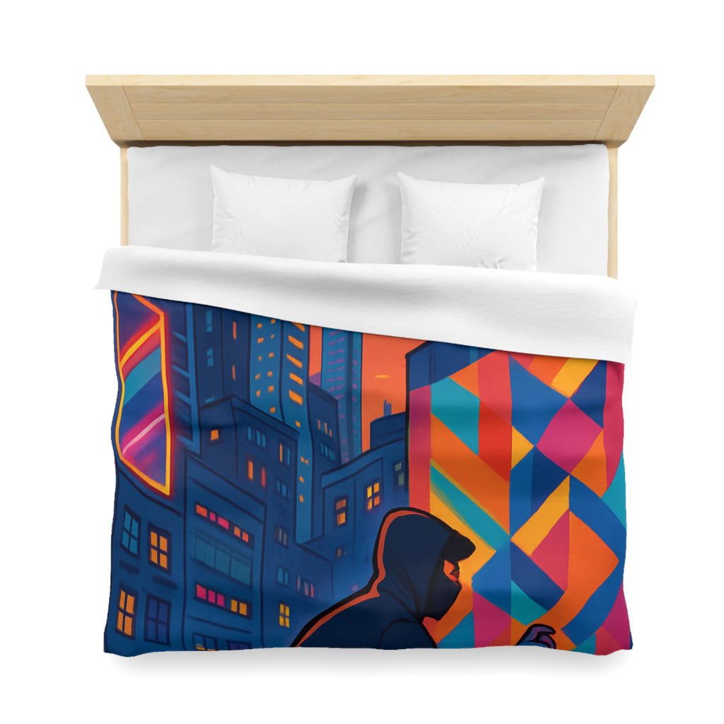 Housse de couette urbaine multicolore graffiti avec gratte-ciel et ciel crépusculaire