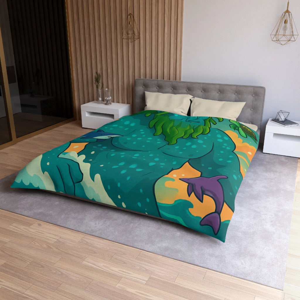 Housse de couette avec géant des mers, faune marine et ciel coloré