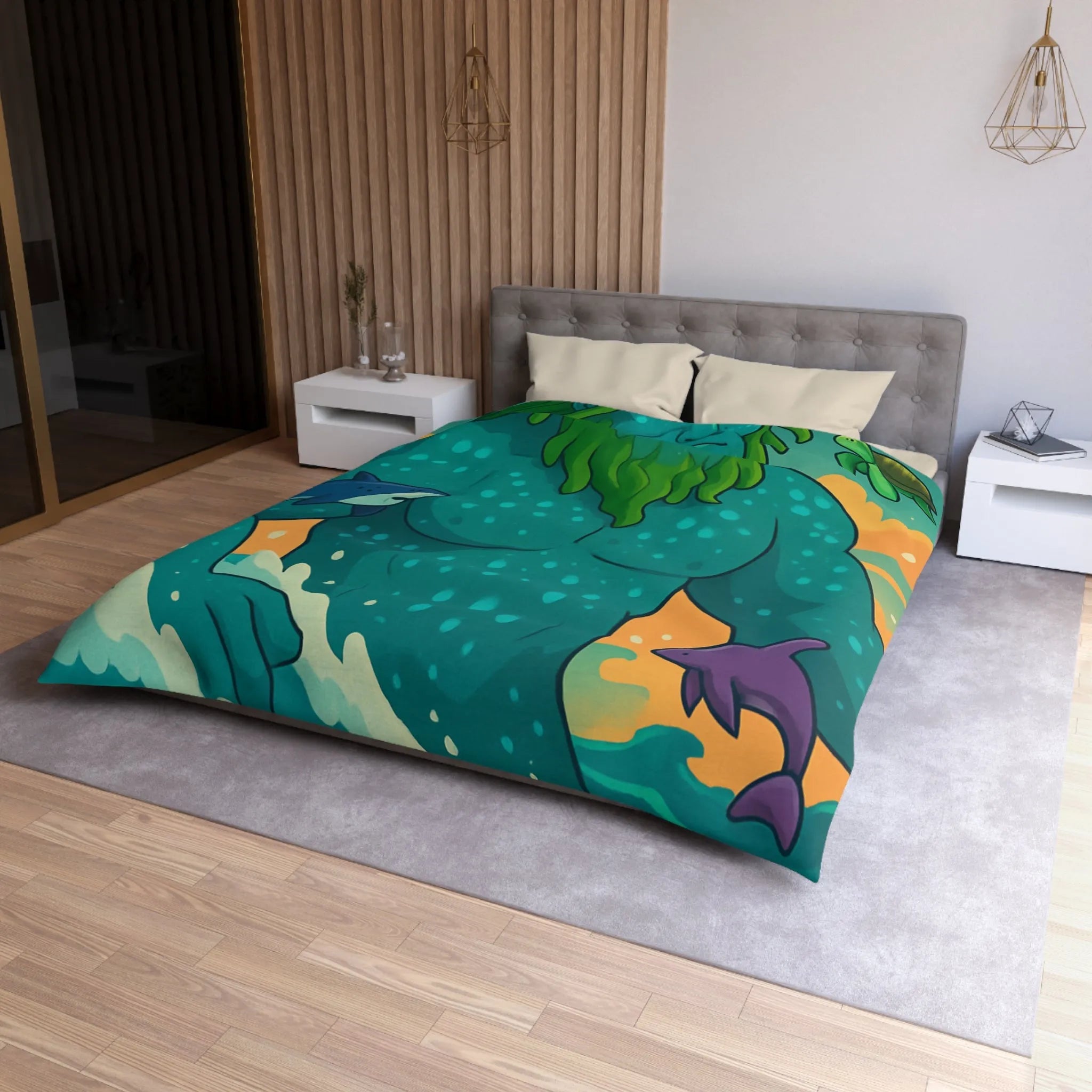 Housse de couette avec géant des mers, faune marine et ciel coloré