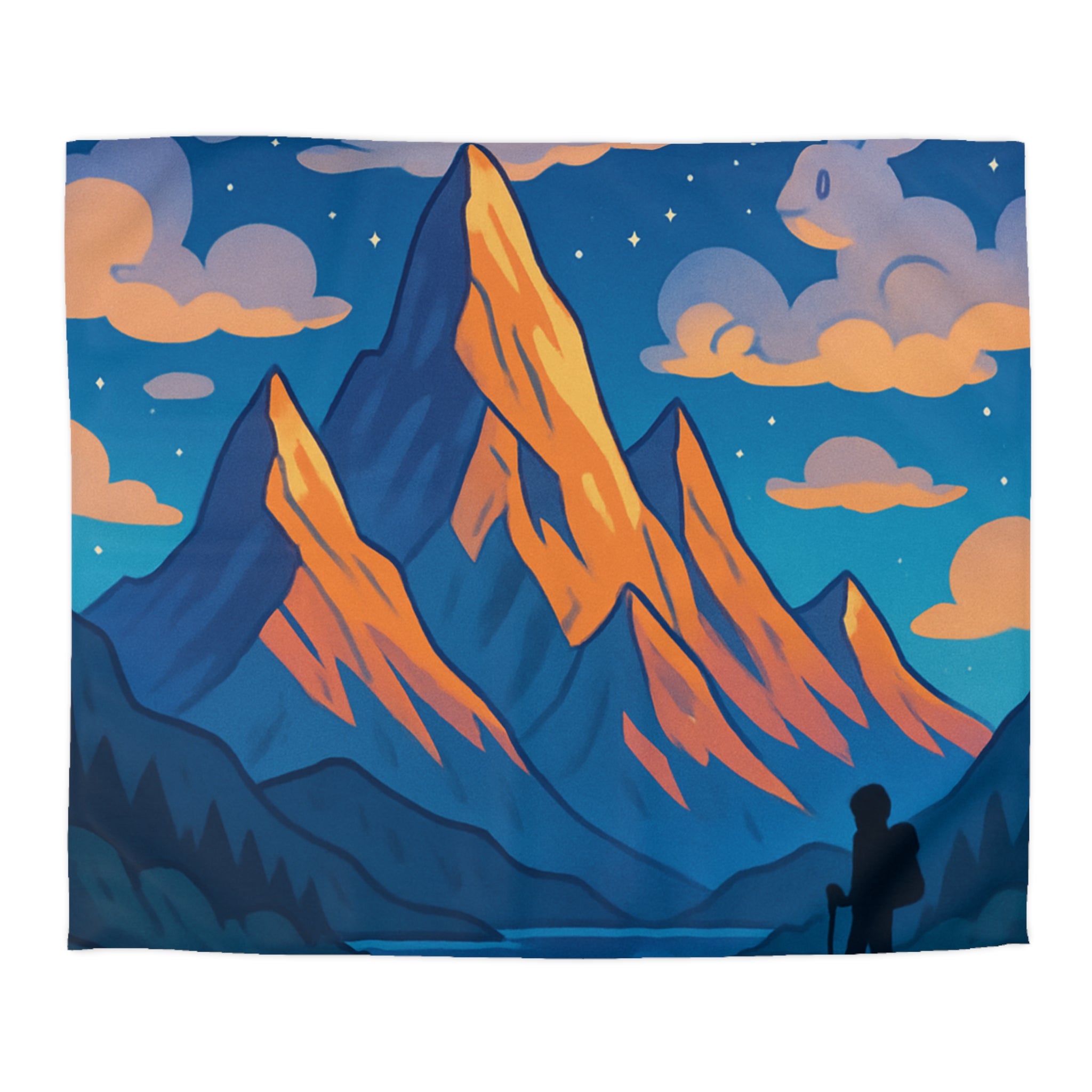 Housse de couette montagne magique avec nuages en forme d'animaux dans le ciel nocturne