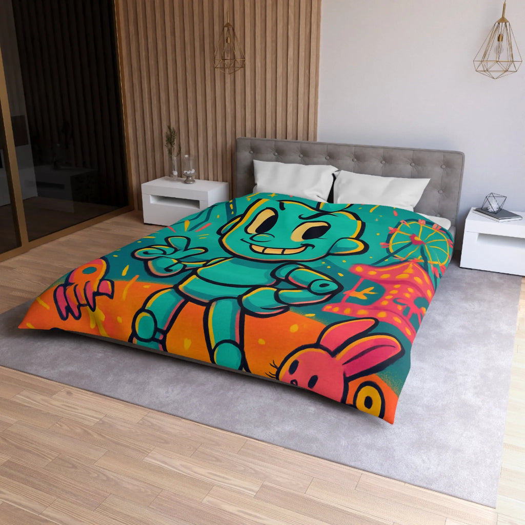 Housse de Couette Ludique avec Robot Jouet et Feux d’Artifice Multicolores pour Enfants