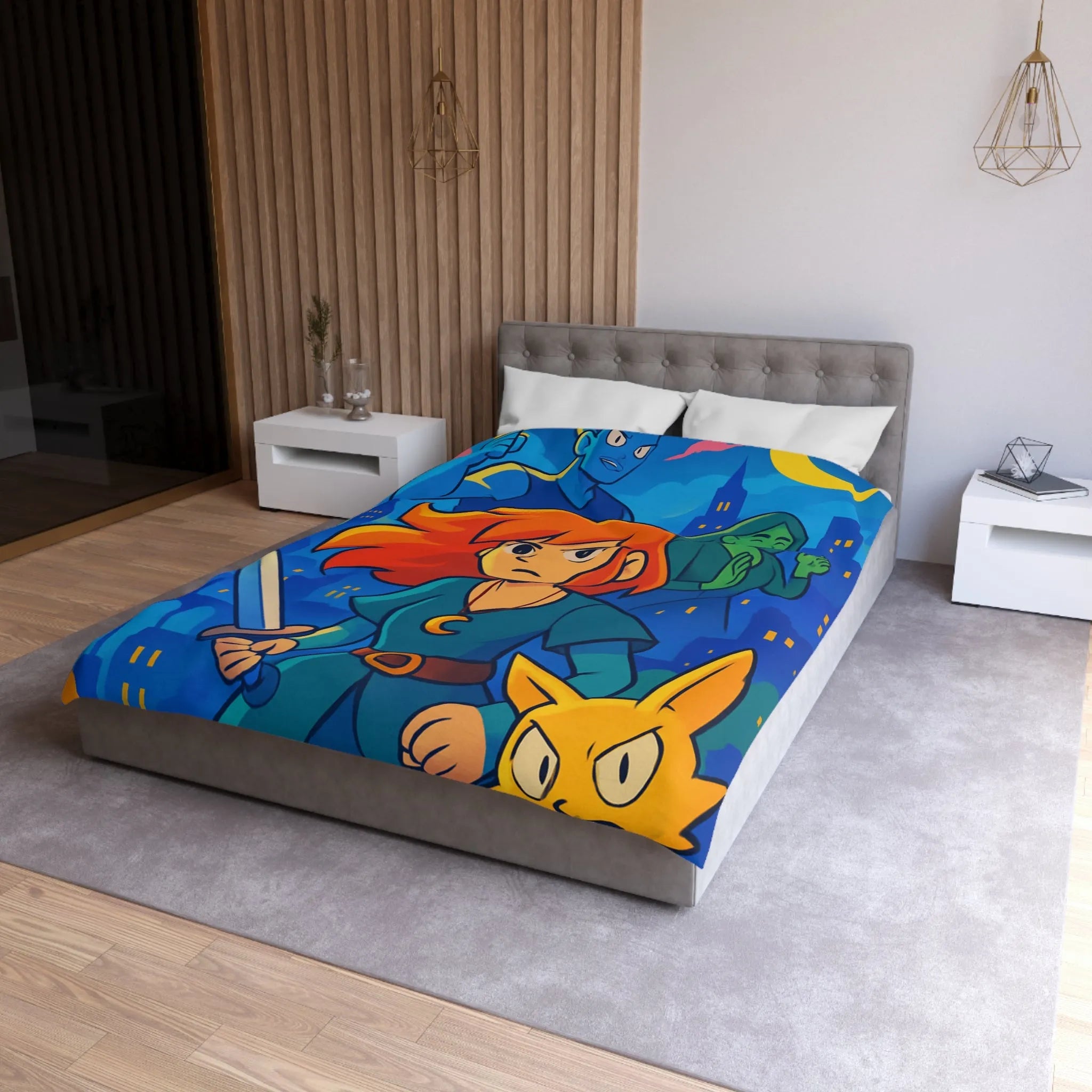 Housse de couette héroïque avec épée, ville nocturne et créatures fantastiques colorées