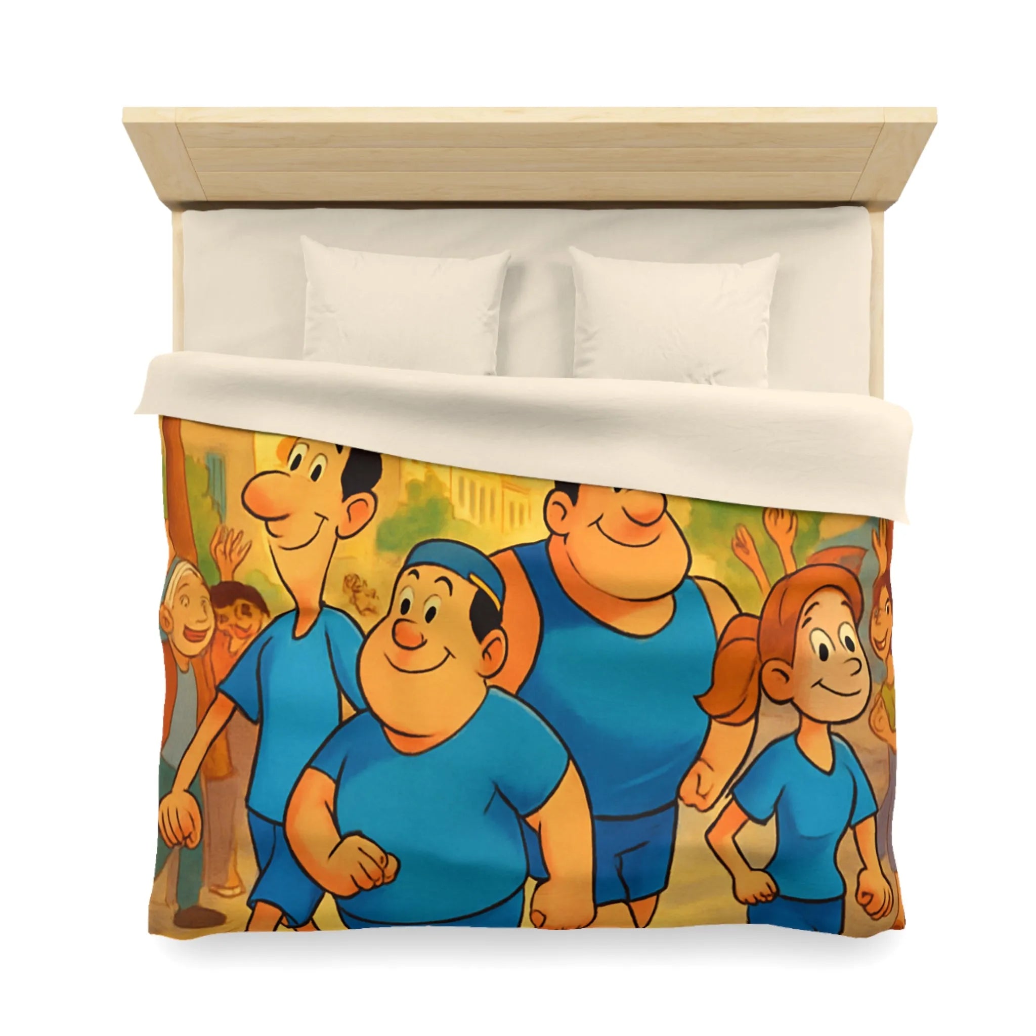 Housse de couette colorée avec personnages marchant joyeusement dans une rue animée