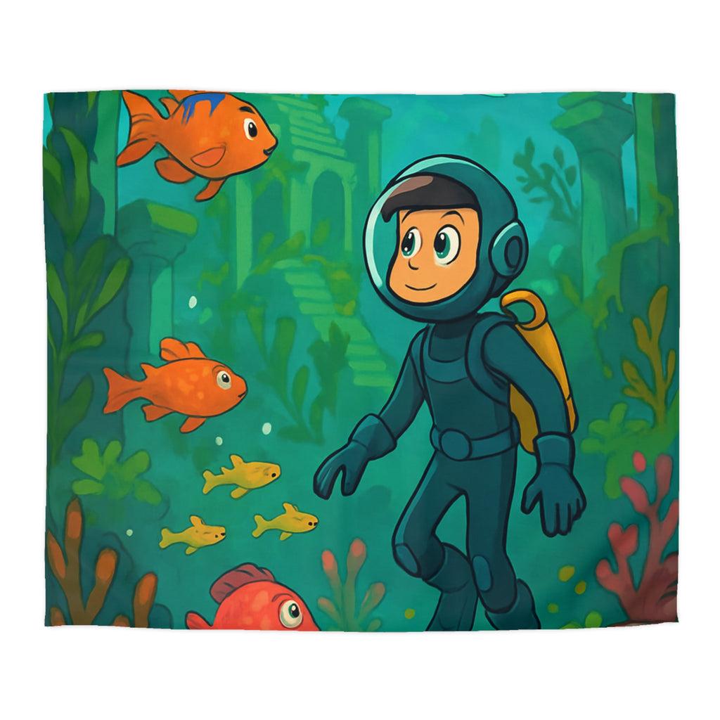 Plongée sous-marine enfantine avec poissons colorés et ruines anciennes, aventure océanique artistique