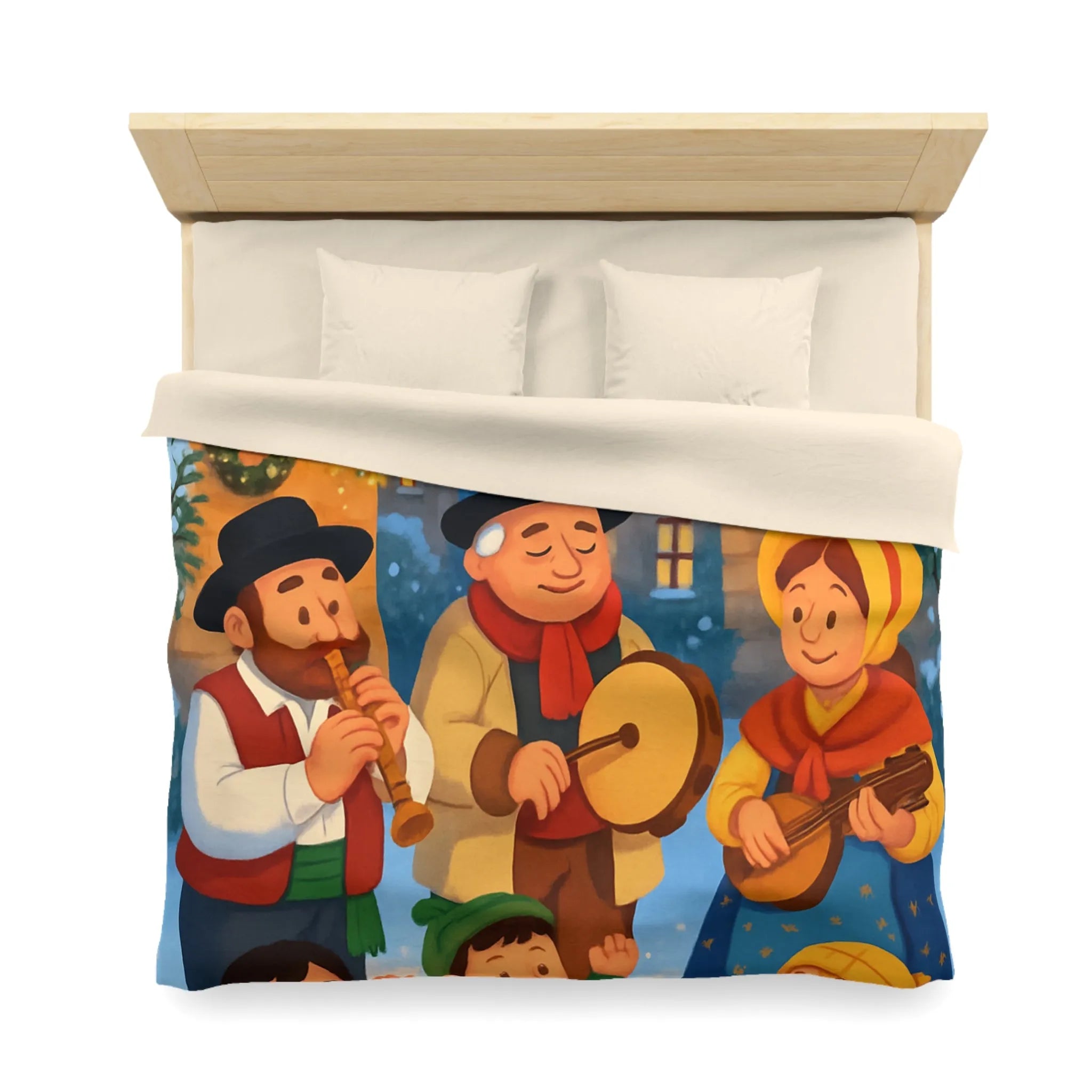 Housse de couette festive avec village enneigé et musiciens pendant l’hiver joyeux