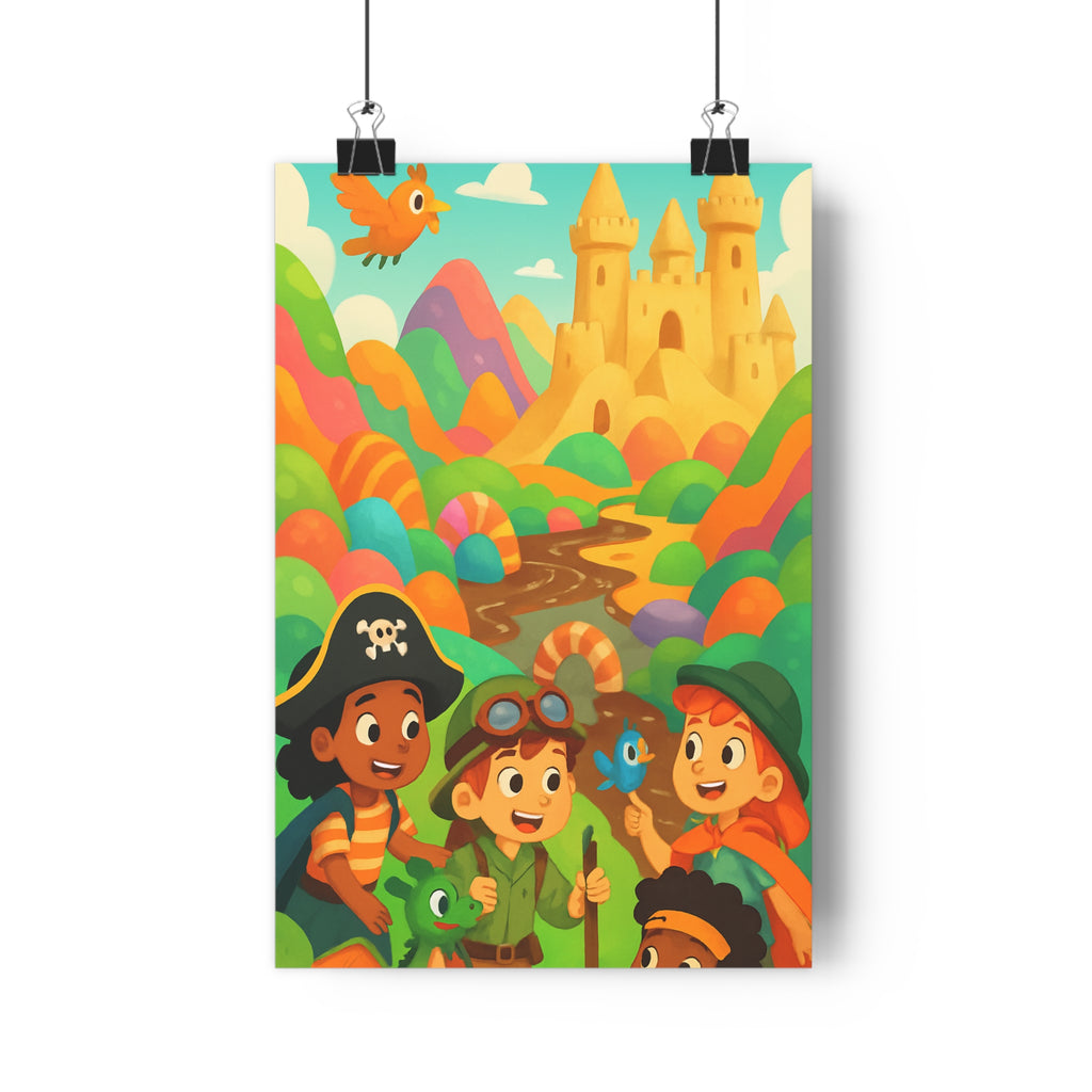 Poster décoratif enfant aventure coloré bleu orange cartoon joyeux chambre créature fantastique explorateur paysage