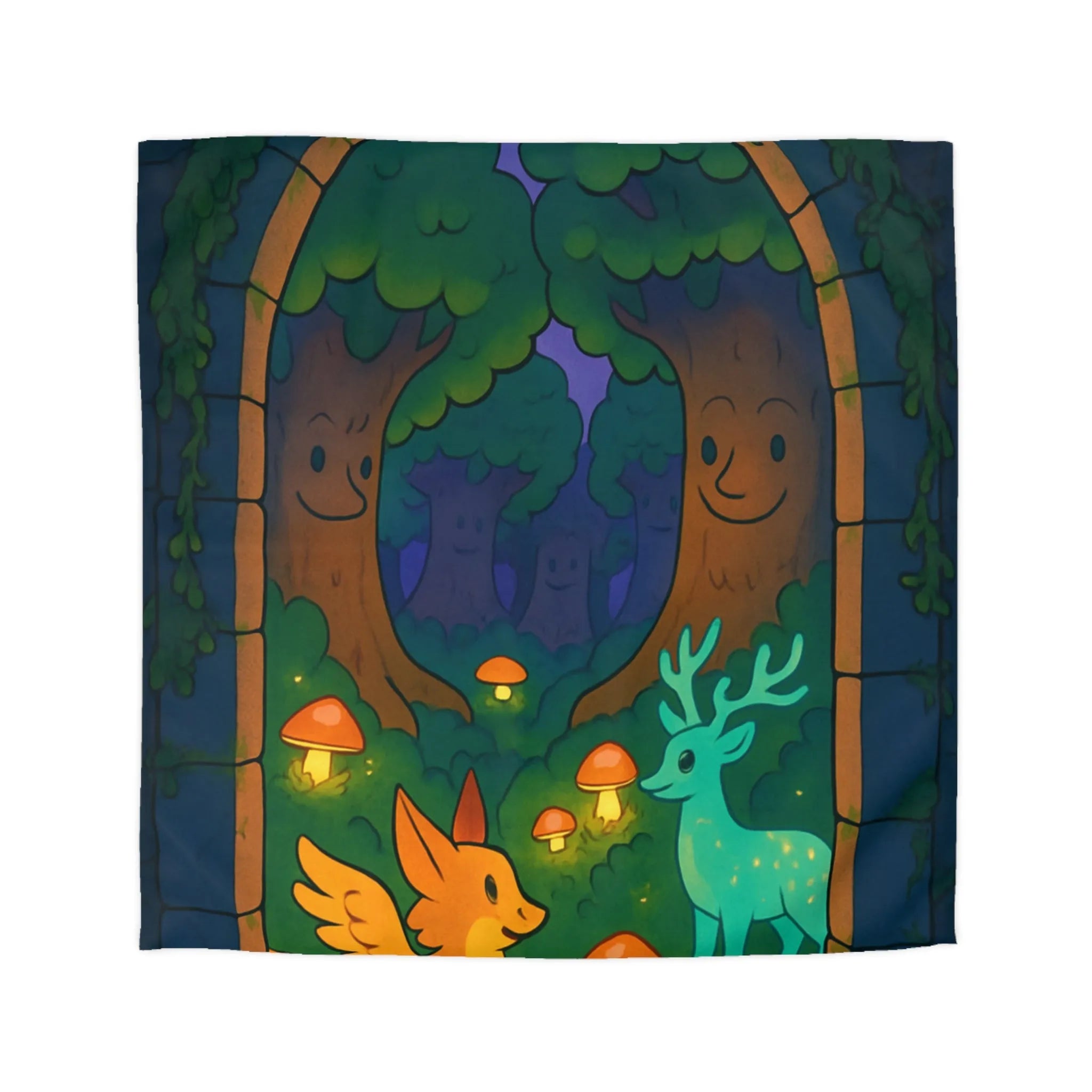 Housse de couette magique forêt enchantée avec créatures féériques et champignons lumineux