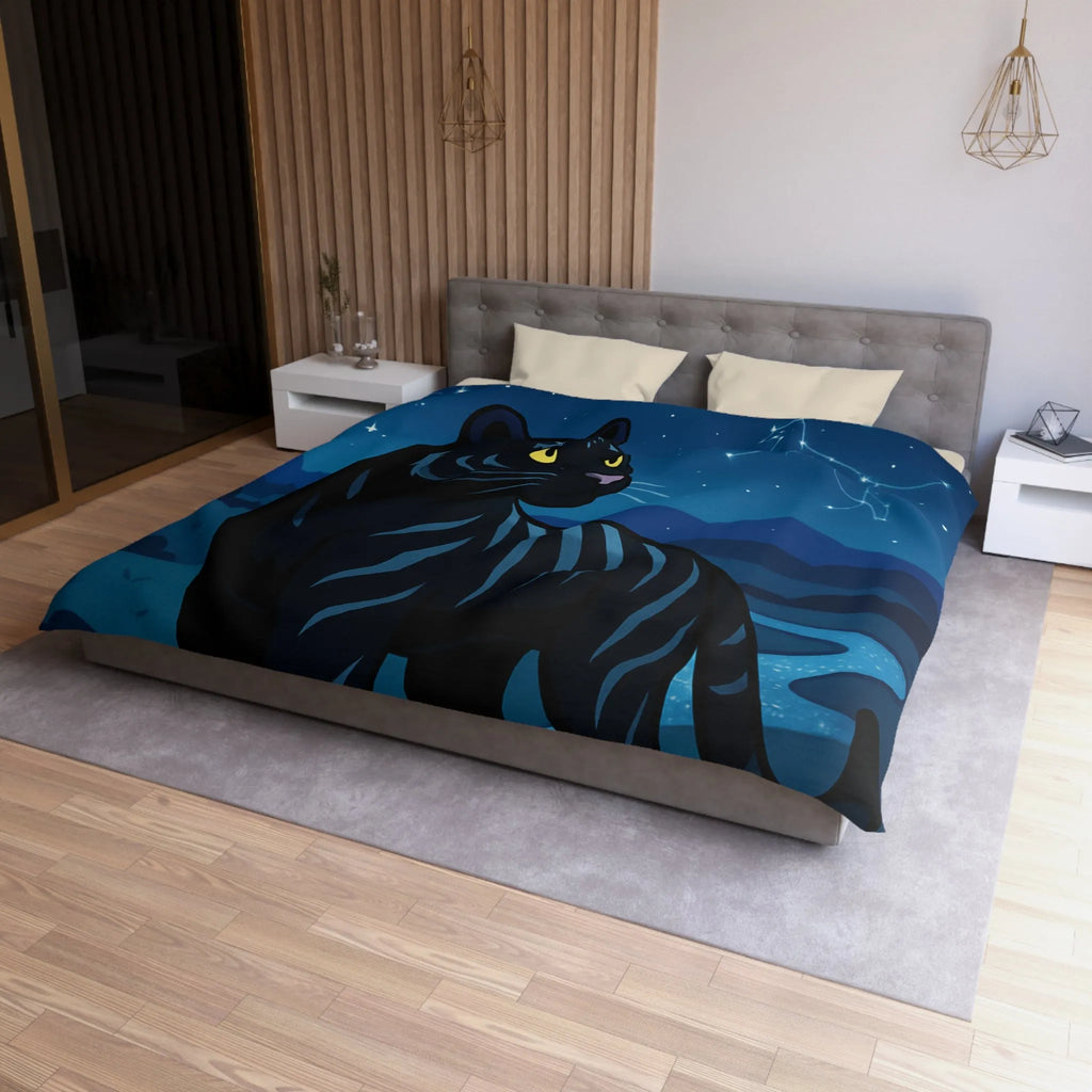 Housse de couette étoilée : Chat noir constellé sous une pleine lune éclatante