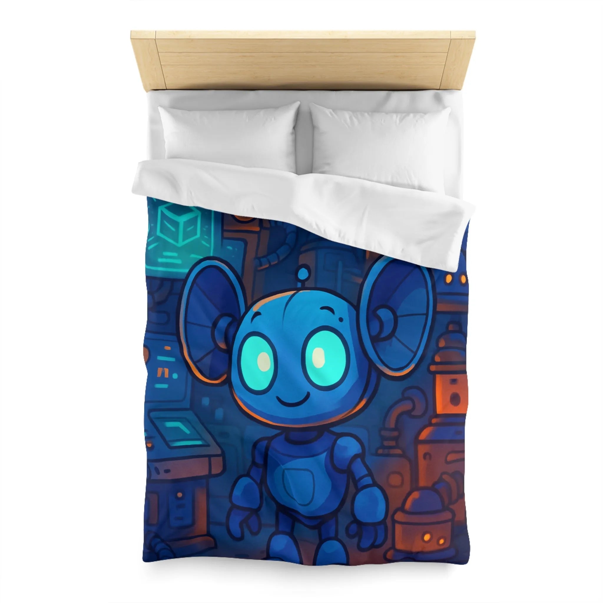 Housse de couette enfant motif robot mignon bleu dans laboratoire futuriste nuit
