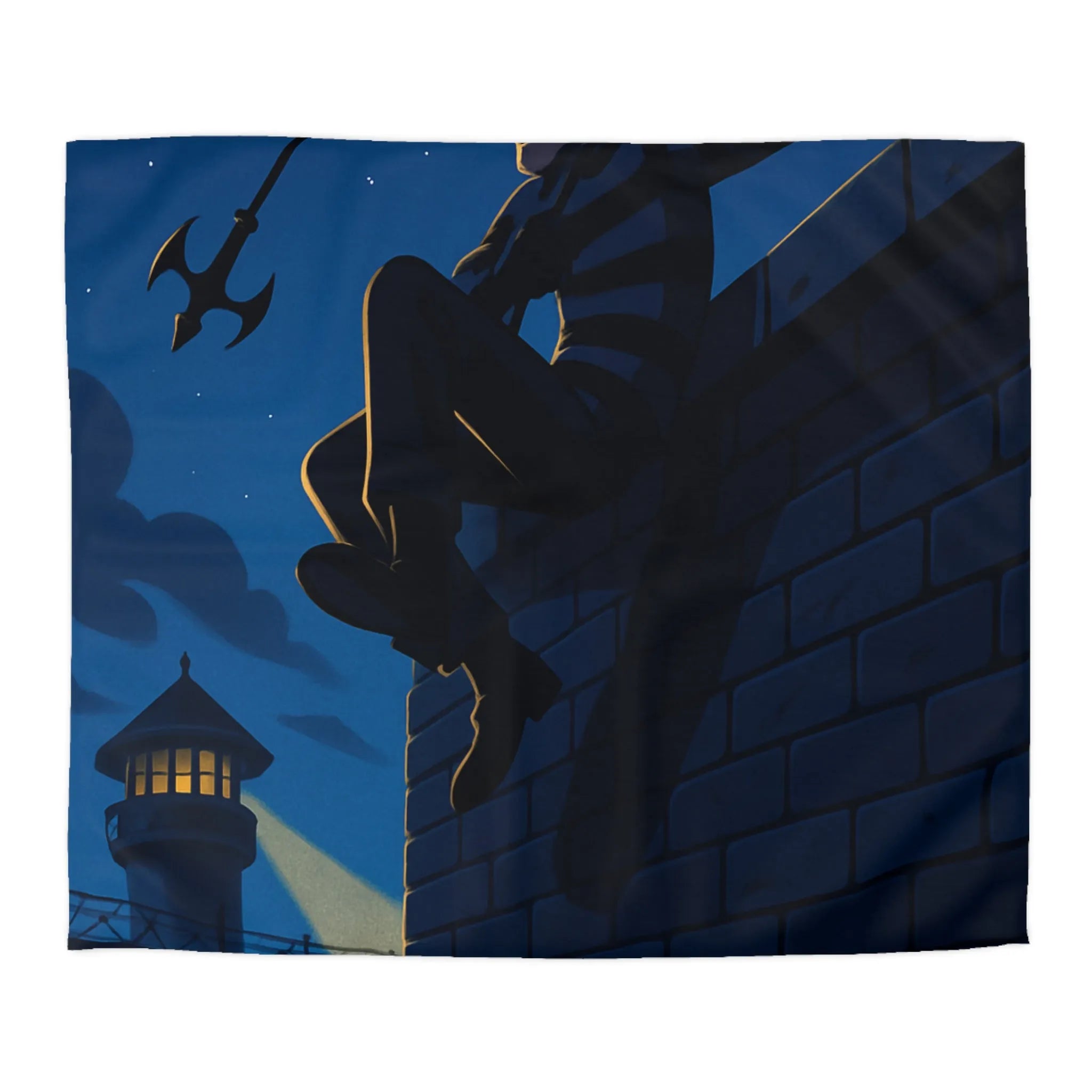 Housse de couette avec artiste en fuite sous ciel étoilé, ambiance nocturne captivante