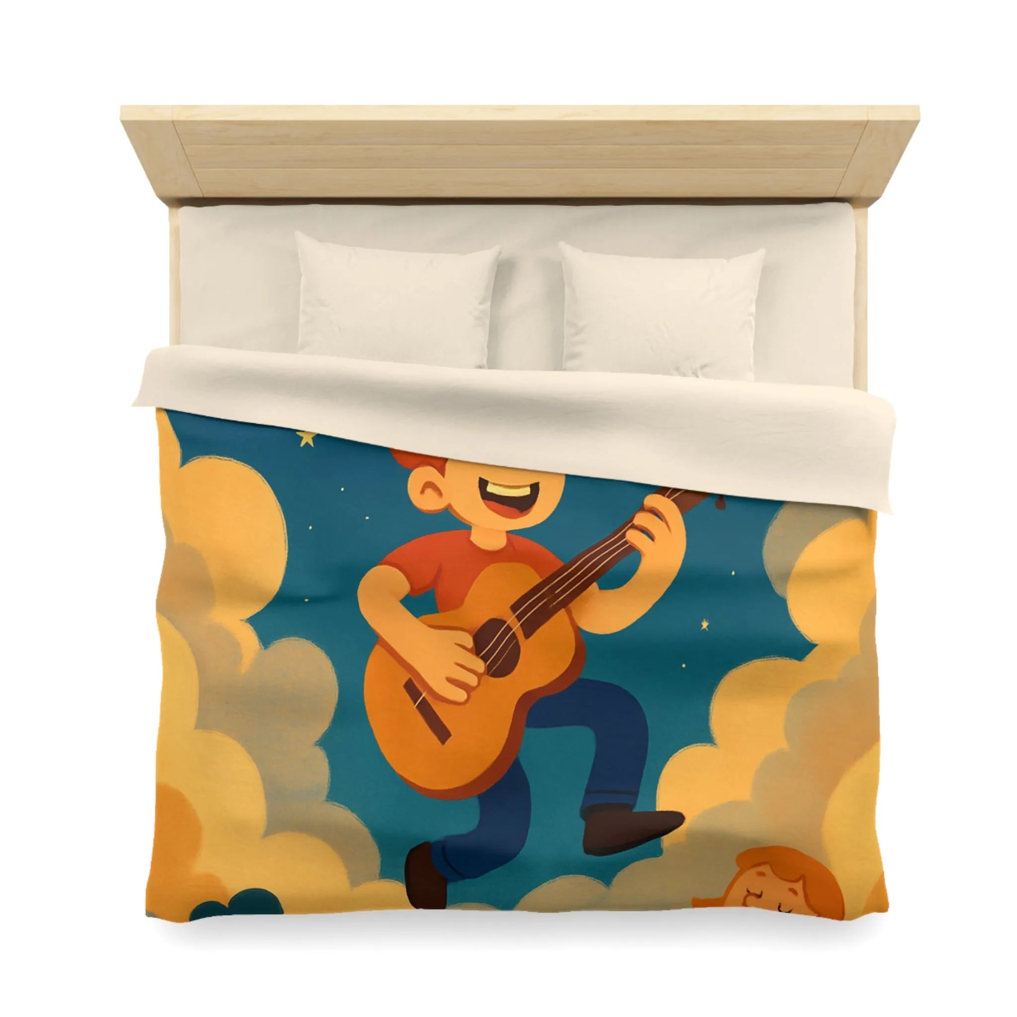 Housse de couette colorée avec musiciens joyeux flottant parmi les nuages étoilés