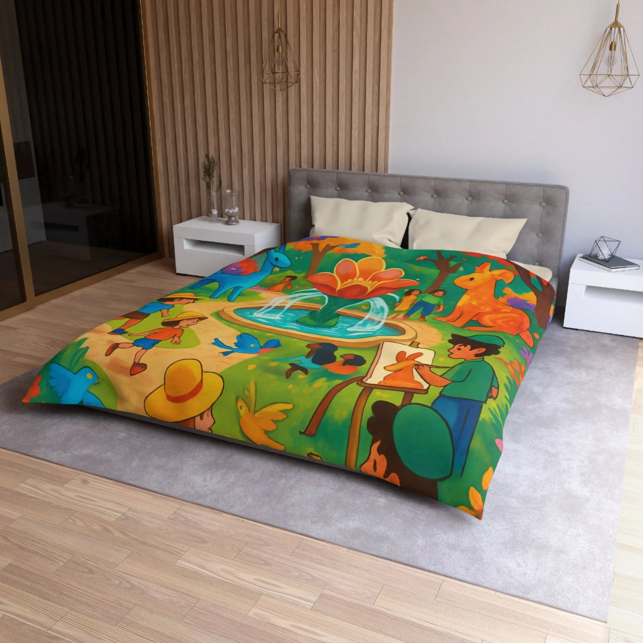 Housse de couette colorée avec animaux fantastiques, enfants et fontaine au parc artistique