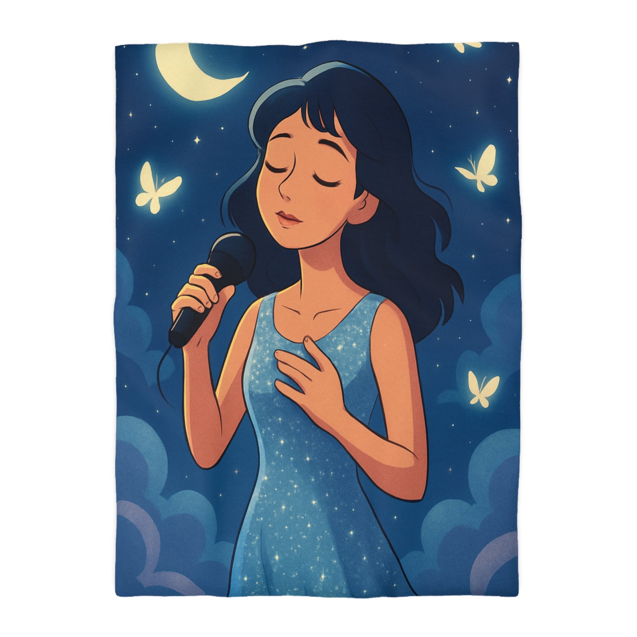 Housse de couette rêveuse avec chanteuse, papillons, lune et ciel étoilé bleu