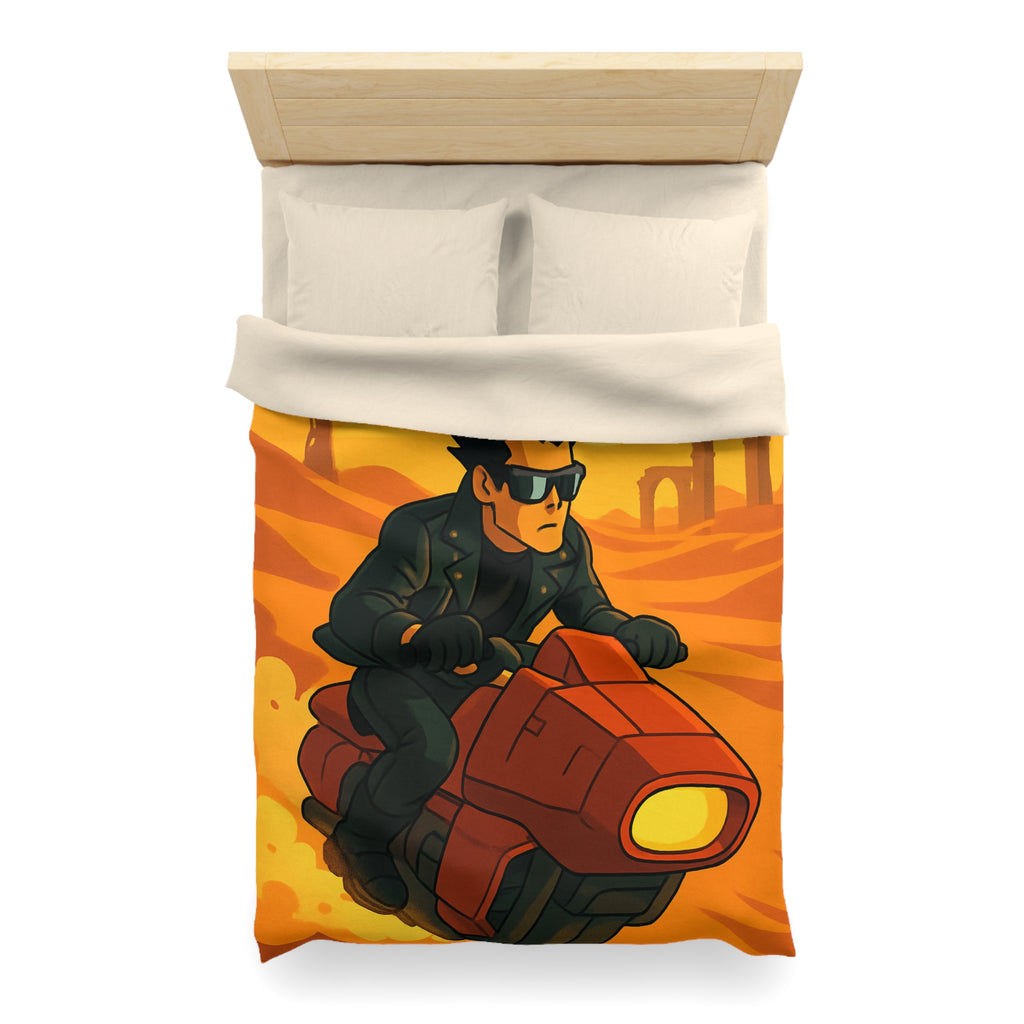 Housse de couette moto futuriste sur désert orangé avec soleil couchant et ruines