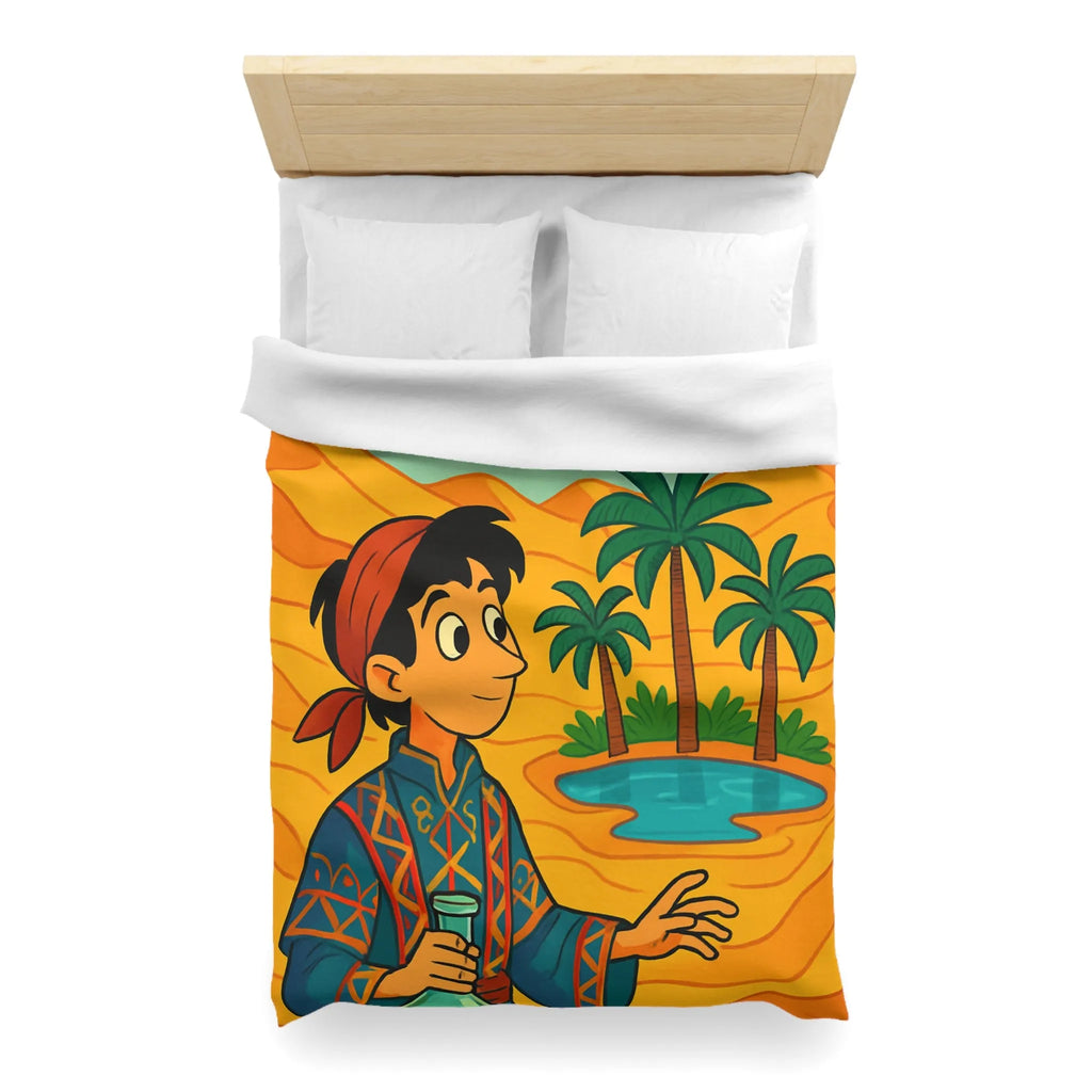 Housse de couette magique avec tapis volants et oasis sous ciel bleu désertique