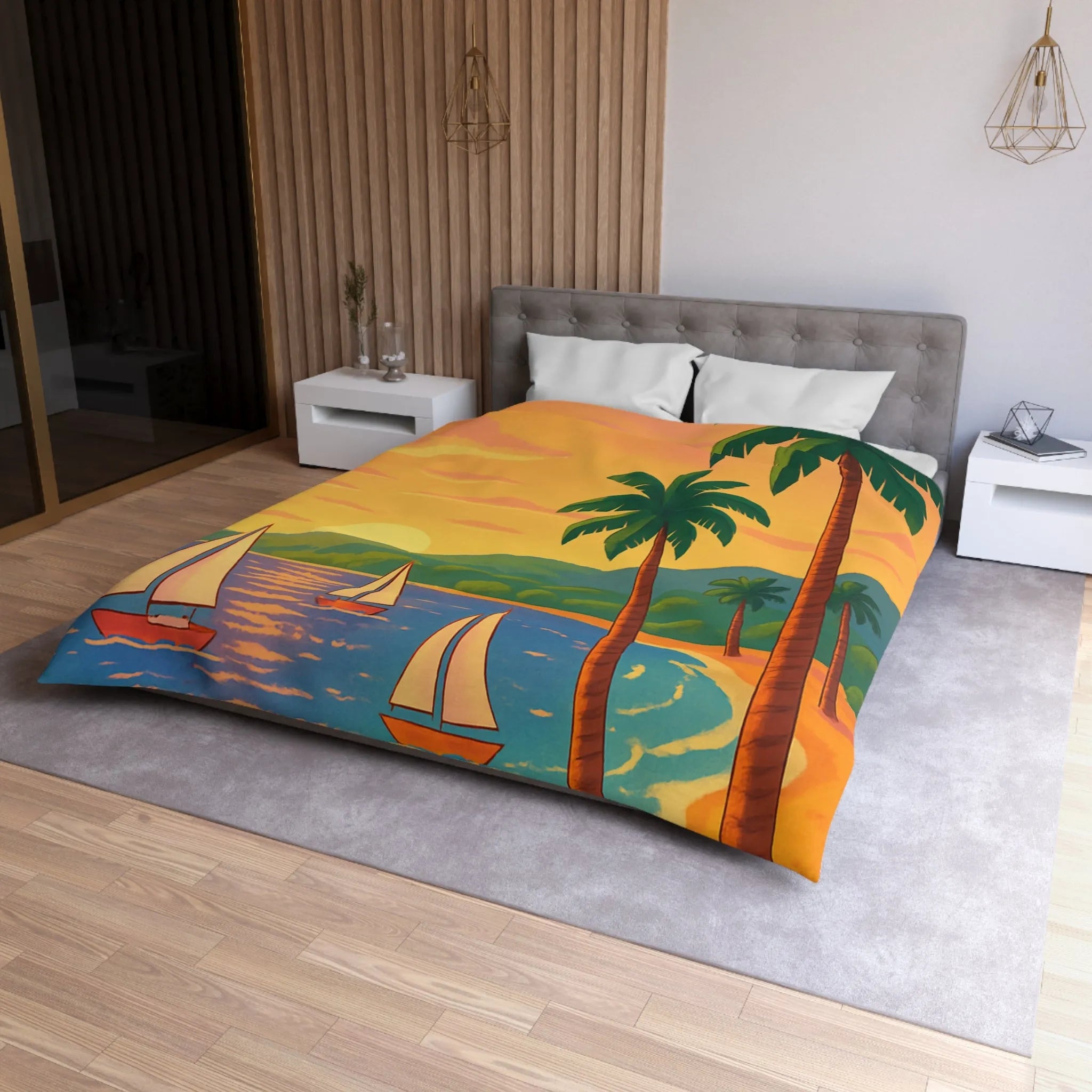 Housse de couette avec motif tropical, plage, palmiers et voiliers au coucher de soleil